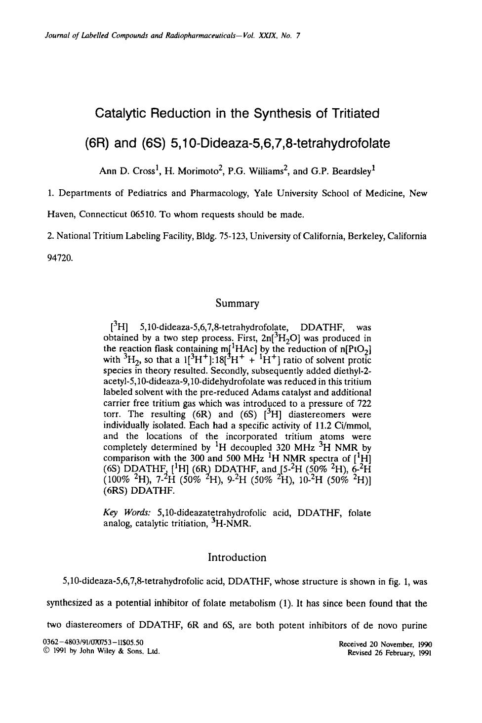 Catalytic reduction in the synthesis of tritiated (6R) and (6S) 5, 10-dideaza-5,6,7,8-tetrahydrofolate by Unknown