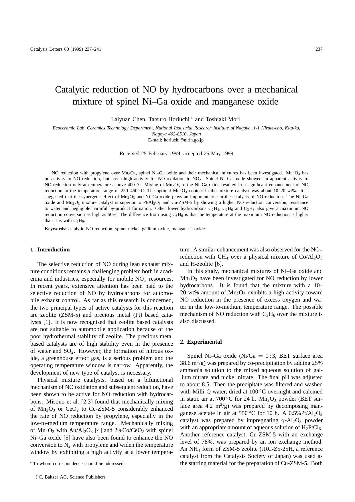 Catalytic reduction of NO by hydrocarbons over a mechanical mixture of spinel Ni&#x2013;Ga oxide and manganese oxide by Unknown