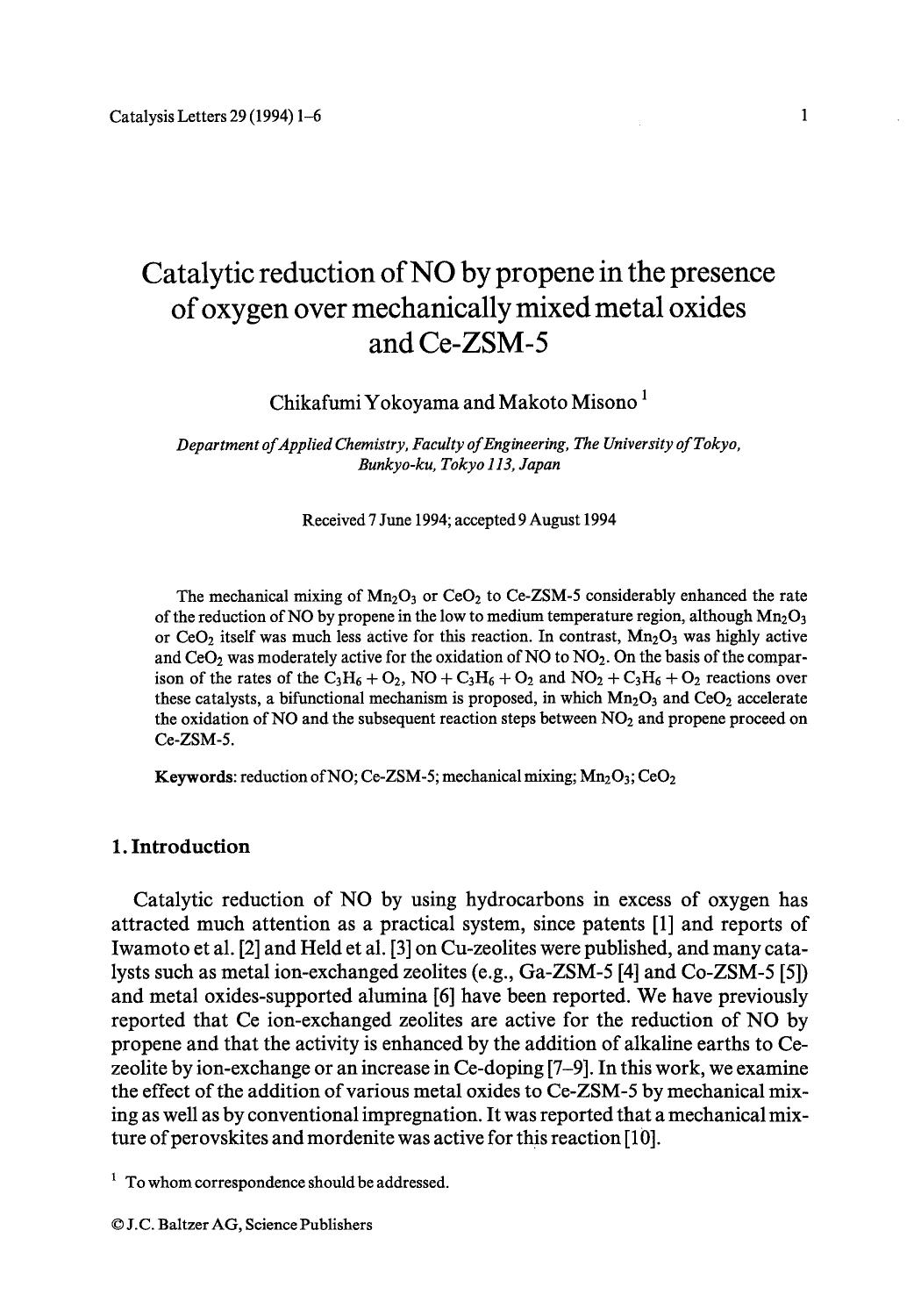 Catalytic reduction of NO by propene in the presence of oxygen over mechanically mixed metal oxides and Ce-ZSM-5 by Unknown