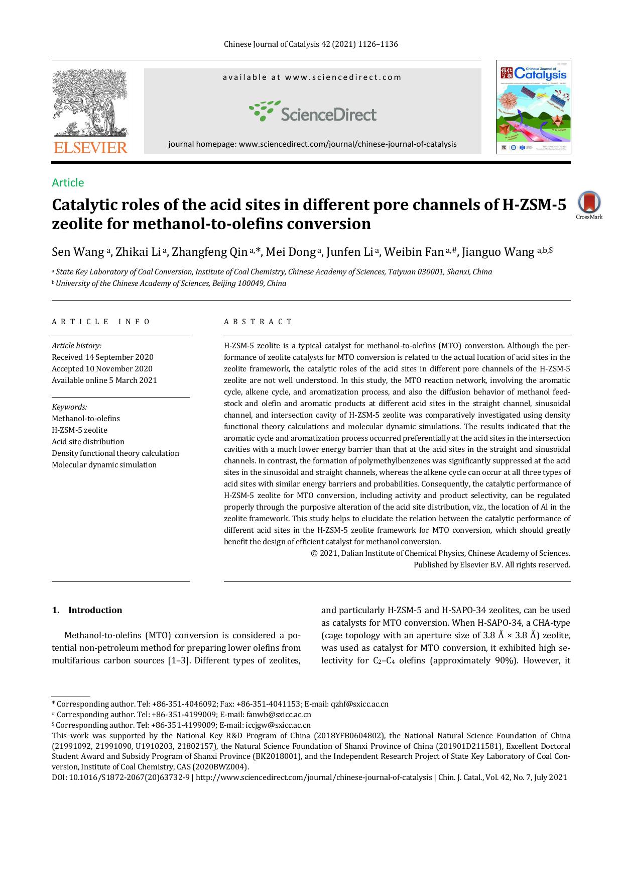 Catalytic roles of the acid sites in different pore channels of H-ZSM-5 zeolite for methanol-to-olefins conversion by Sen Wang & Zhikai Li & Zhangfeng Qin & Mei Dong & Junfen Li & Weibin Fan & Jianguo Wang