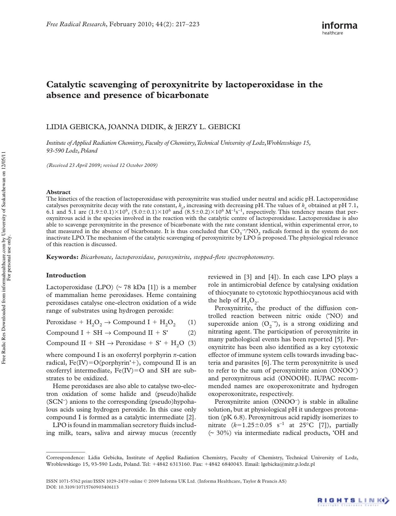 Catalytic scavenging of peroxynitrite by lactoperoxidase in the absence and presence of bicarbonate by Lidia Gebicka Joanna Didik & Jerzy L. Gebicki