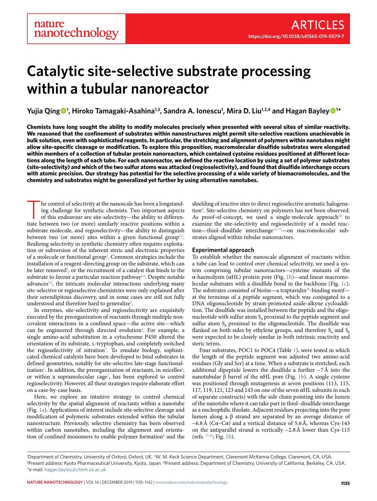 Catalytic site-selective substrate processing within a tubular nanoreactor by Yujia Qing & Hiroko Tamagaki-Asahina & Sandra A. Ionescu & Mira D. Liu & Hagan Bayley