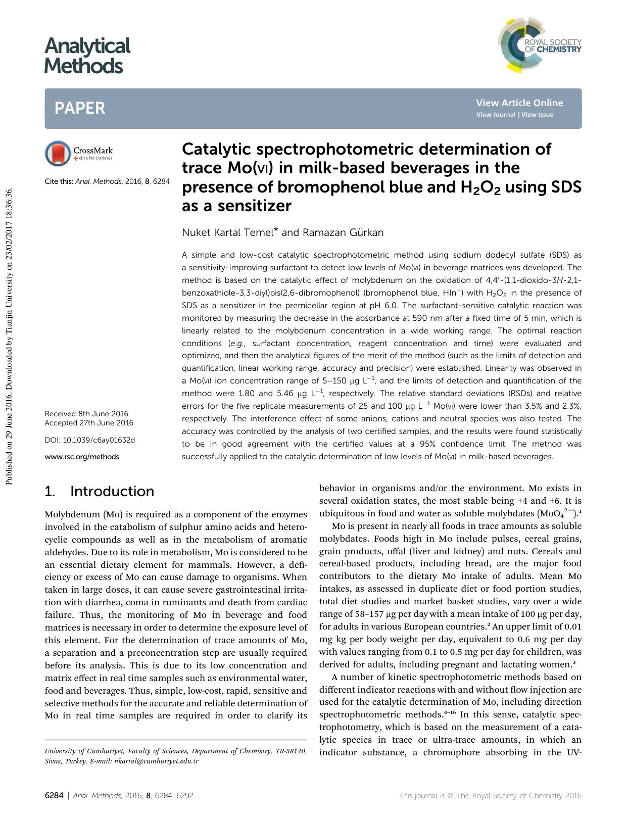 Catalytic spectrophotometric determination of trace Mo(vi) in milk-based beverages in the presence of bromophenol blue and H2O2 using SDS as a sensitizer by Nuket Kartal Temel & Ramazan Gürkan
