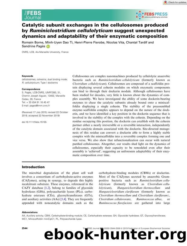 Catalytic subunit exchanges in the cellulosomes produced by RuminiclostridiumÂ cellulolyticum suggest unexpected dynamics and adaptability of their enzymatic composition by Unknown
