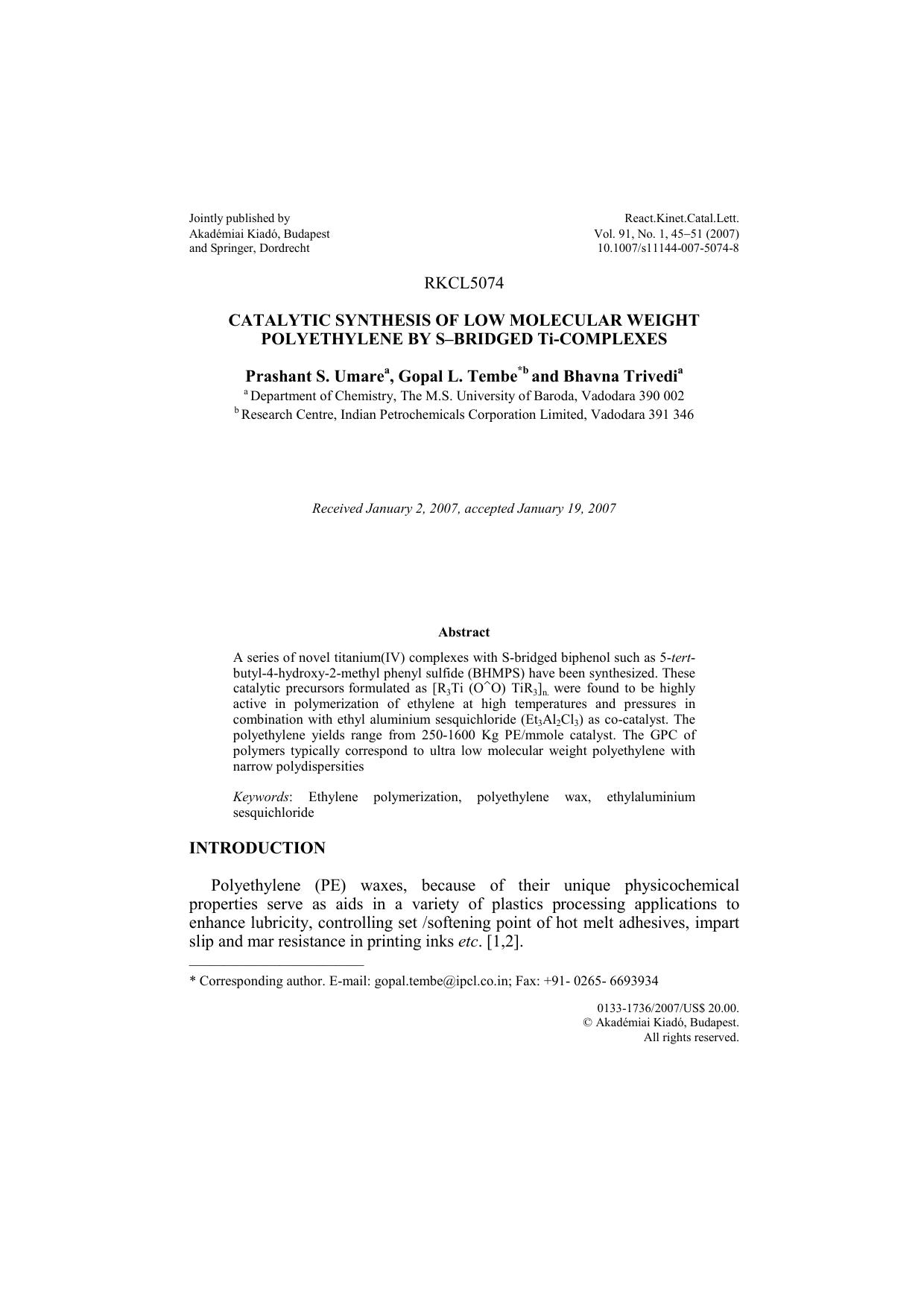 Catalytic synthesis of low molecular weight polyethylene by S-bridged Ti-complexes by Unknown