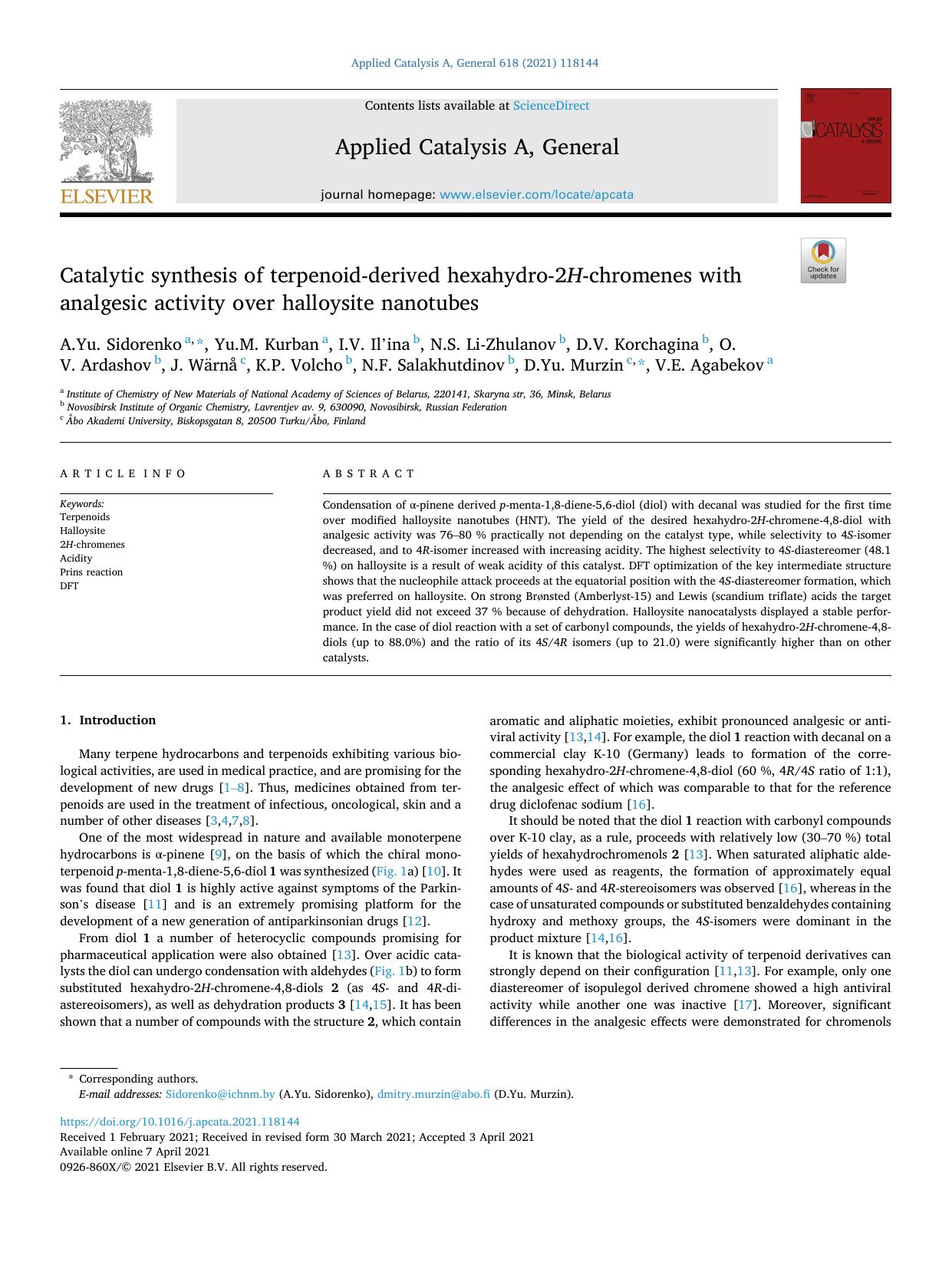 Catalytic synthesis of terpenoid-derived hexahydro-2 H -chromenes with analgesic activity over halloysite nanotubes by unknow