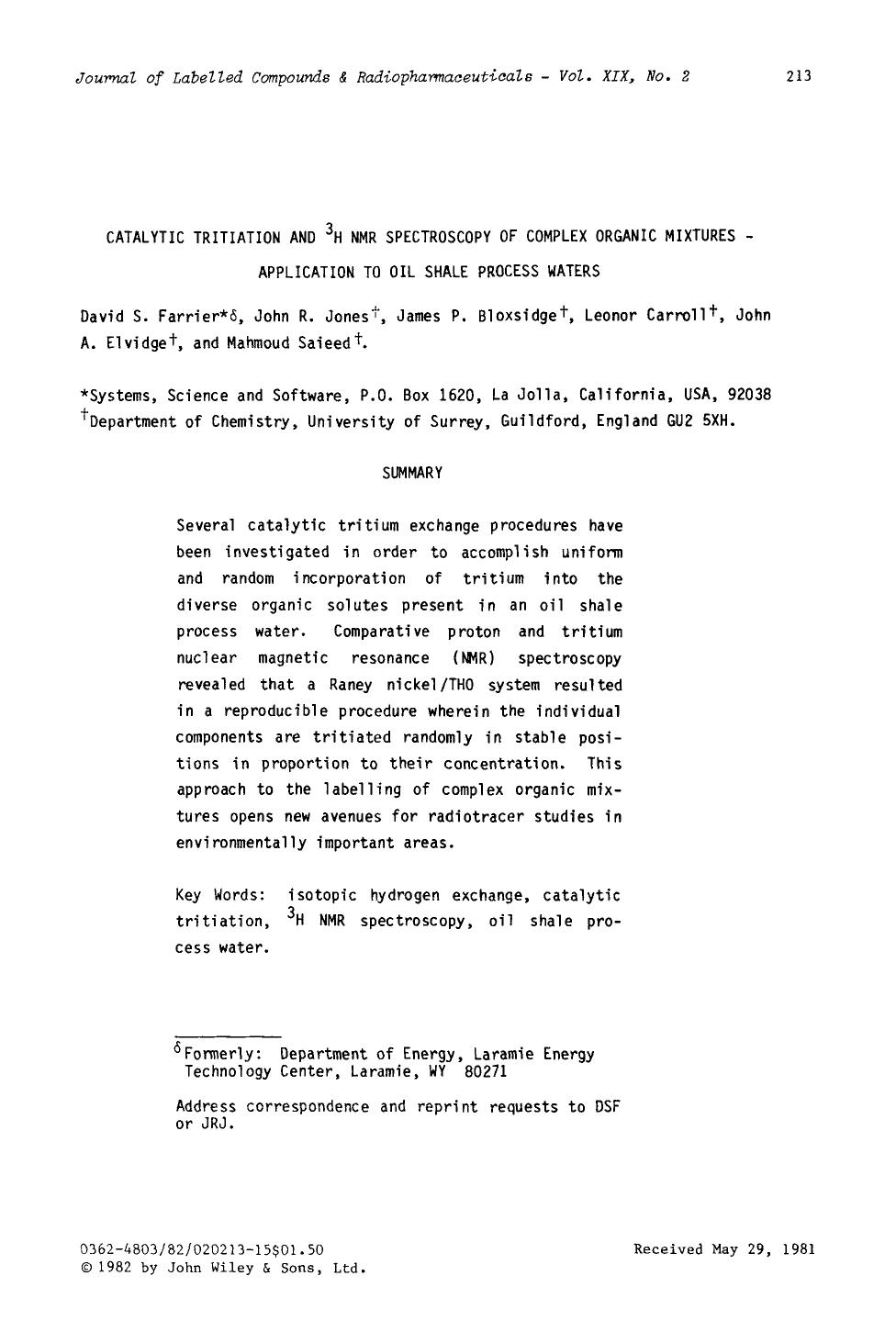Catalytic tritiation and 3H NMR spectroscopy of complex organic mixtures - application to oil shale process waters by Unknown