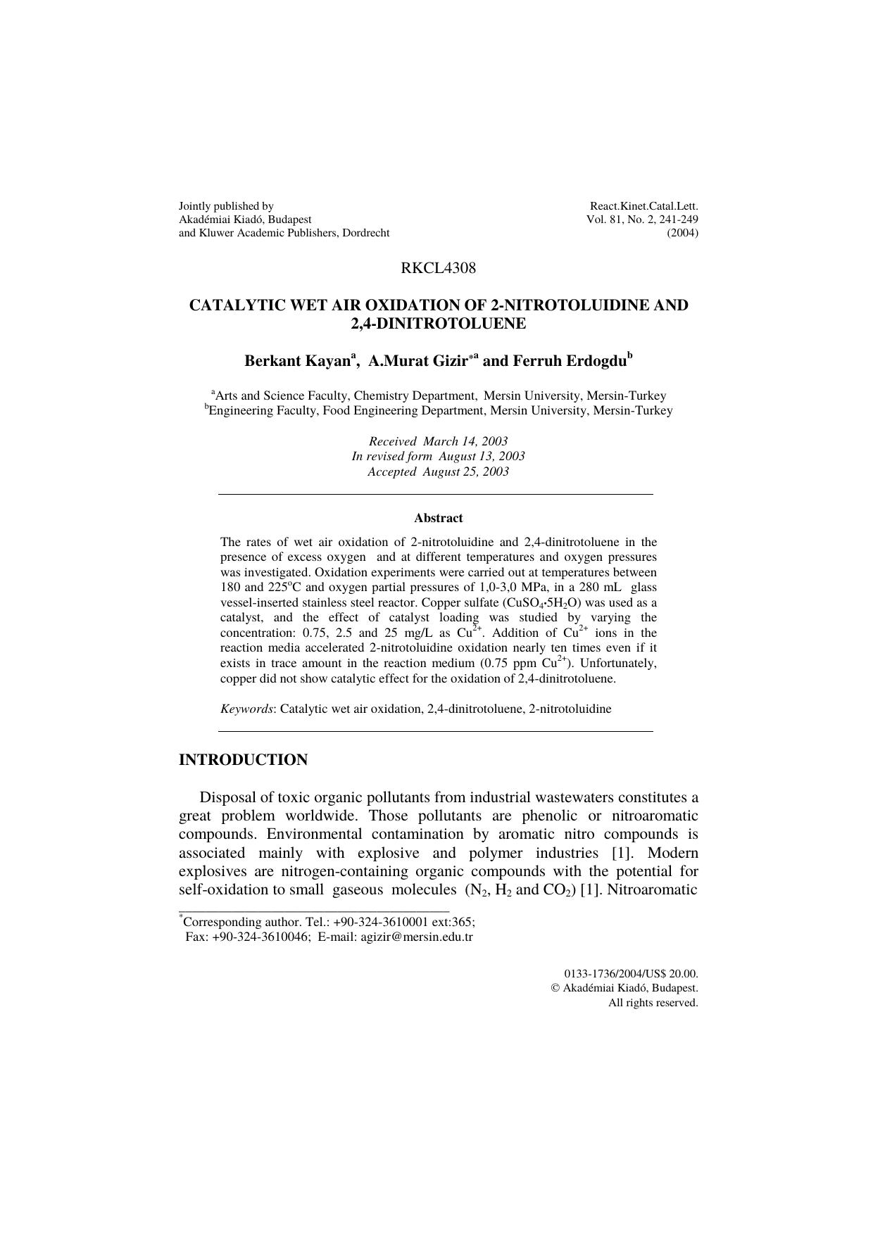 Catalytic wet air oxidation of 2-nitrotoluidine and 2,4-dinitrotoluene by Unknown