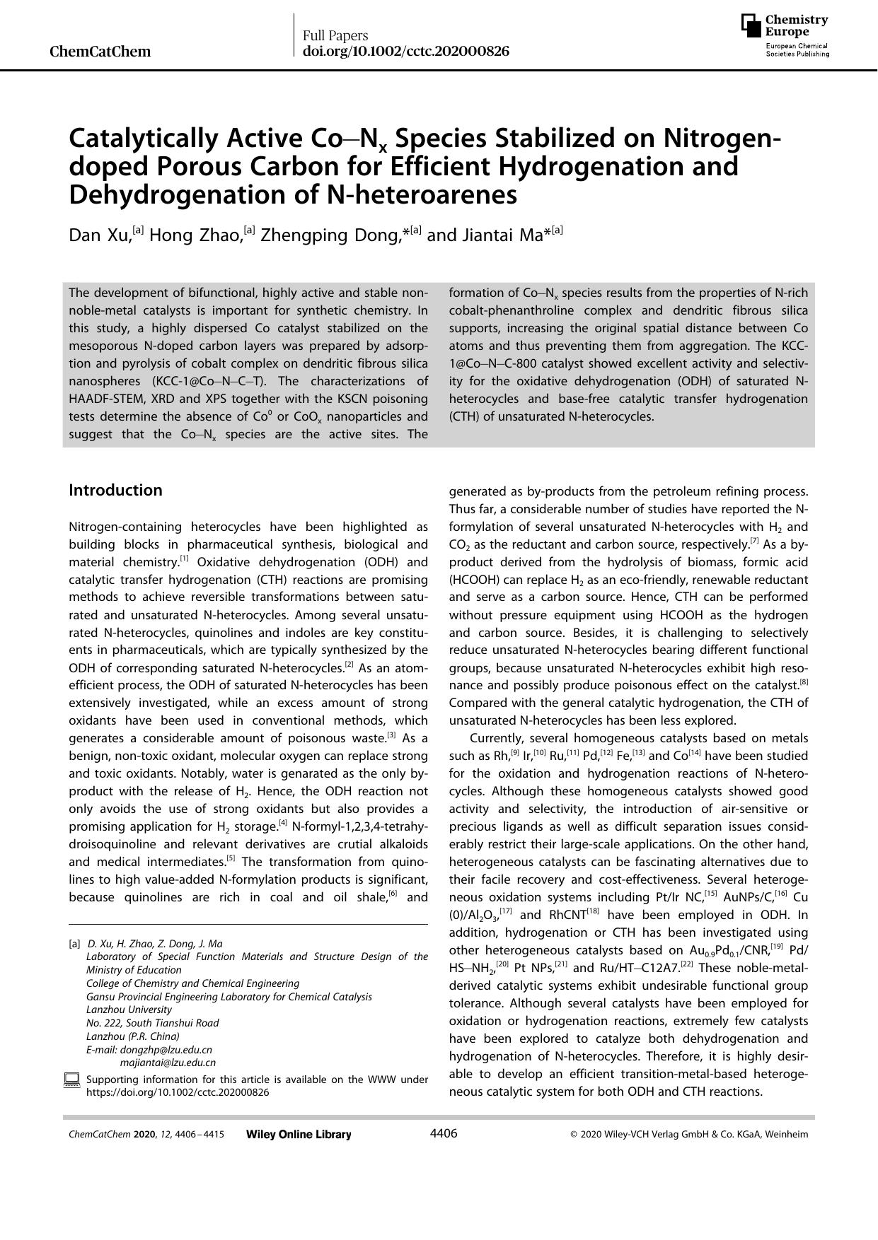 Catalytically Active CoâNx Species Stabilized on Nitrogenâdoped Porous Carbon for Efficient Hydrogenation and Dehydrogenation of Nâheteroarenes by Unknown