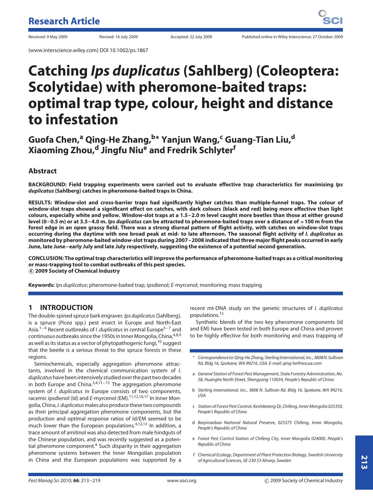 Catching Ips duplicatus (Sahlberg) (Coleoptera: Scolytidae) with pheromone-baited traps: optimal trap type, colour, height and distance to infestation by Unknown