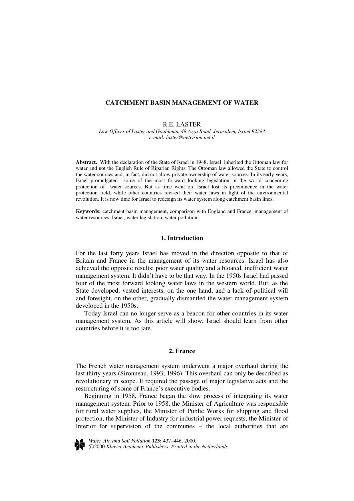 Catchment Basin Management of Water by Unknown