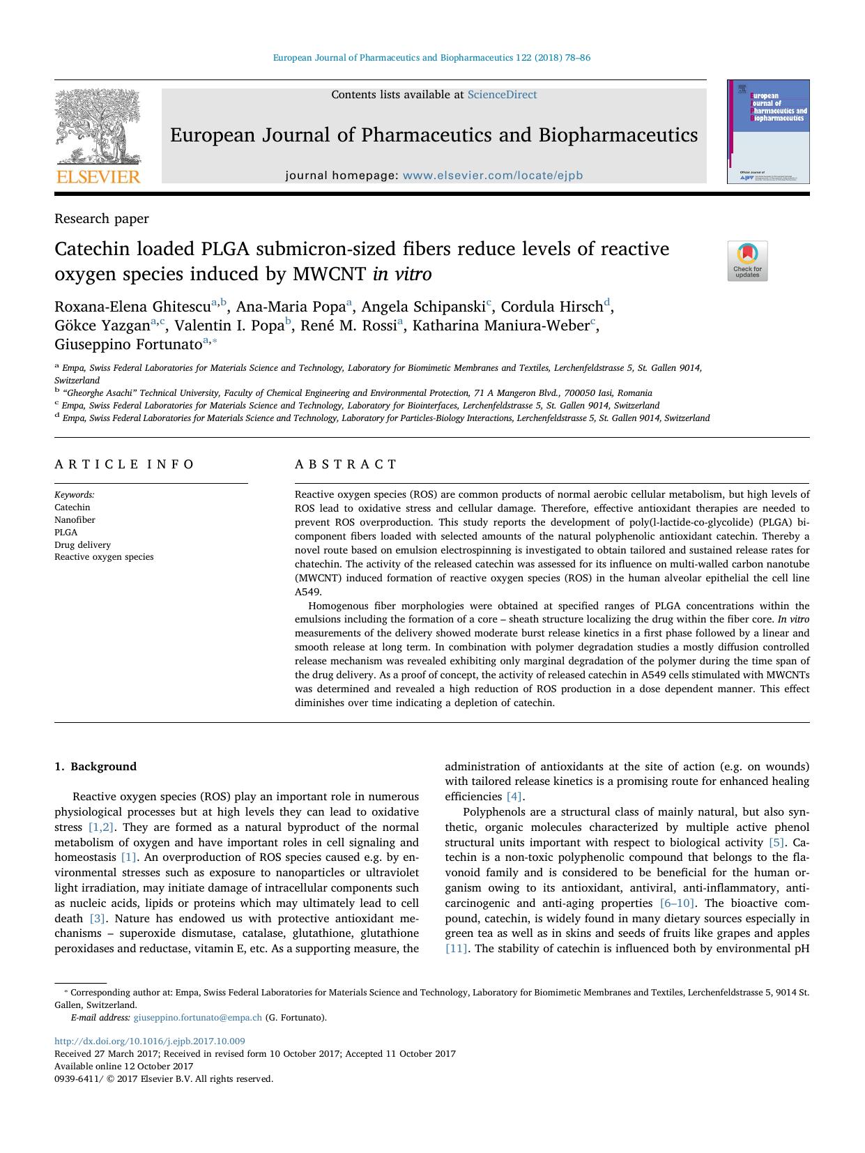 Catechin loaded PLGA submicron-sized fibers reduce levels of reactive oxygen species induced by MWCNT in vitro by unknow