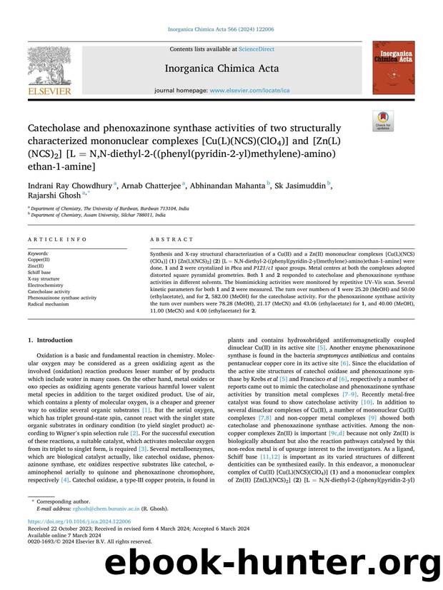 Catecholase and phenoxazinone synthase activities of two structurally characterized mononuclear complexes [Cu(L)(NCS)(ClO4)] and [Zn(L)(NCS)2] [LÂ =Â N,N-diethyl-2-((phenyl(pyridin by Indrani Ray Chowdhury & Arnab Chatterjee & Abhinandan Mahanta & Sk Jasimuddin & Rajarshi Ghosh