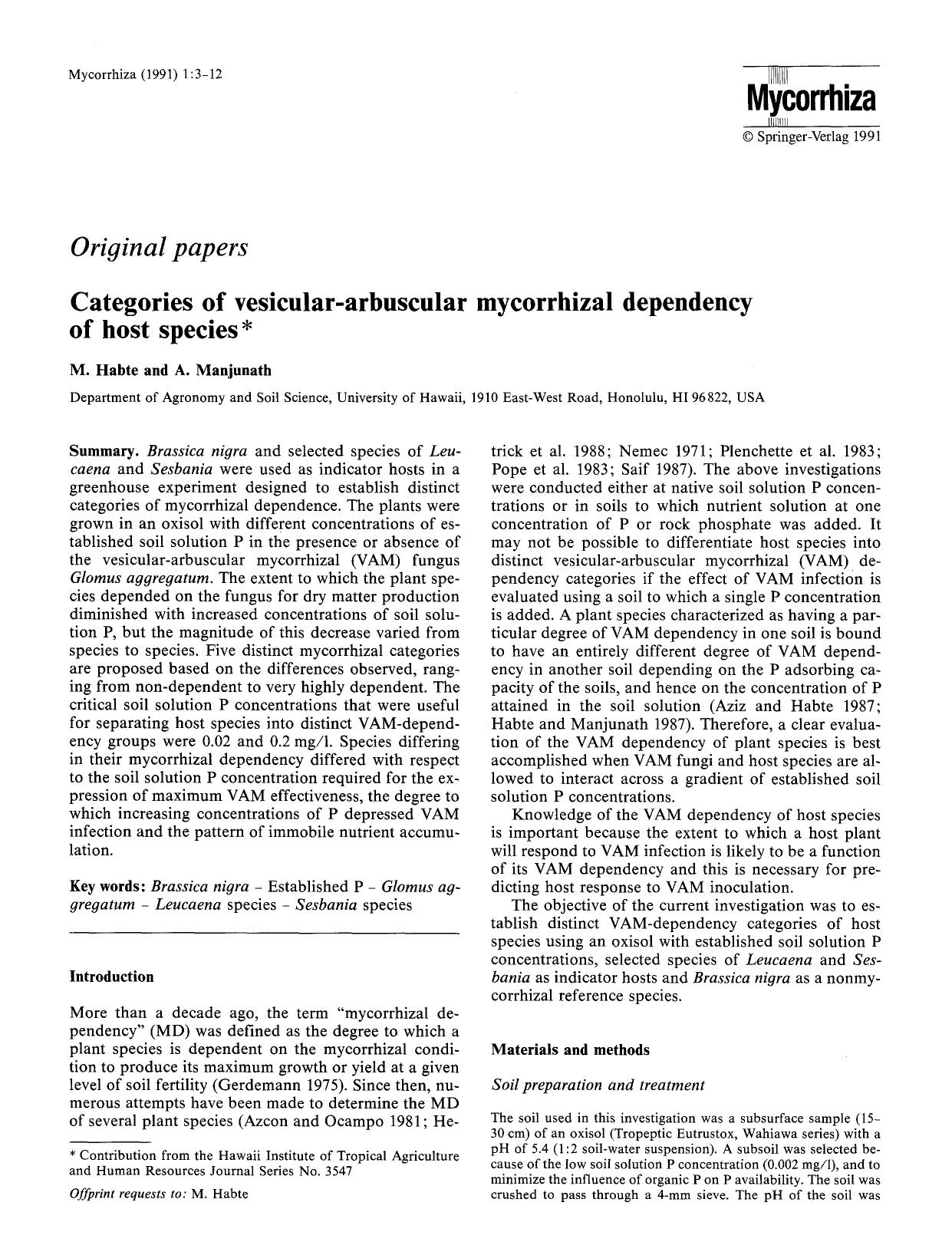 Categories of vesicular-arbuscular mycorrhizal dependency of host species by Unknown