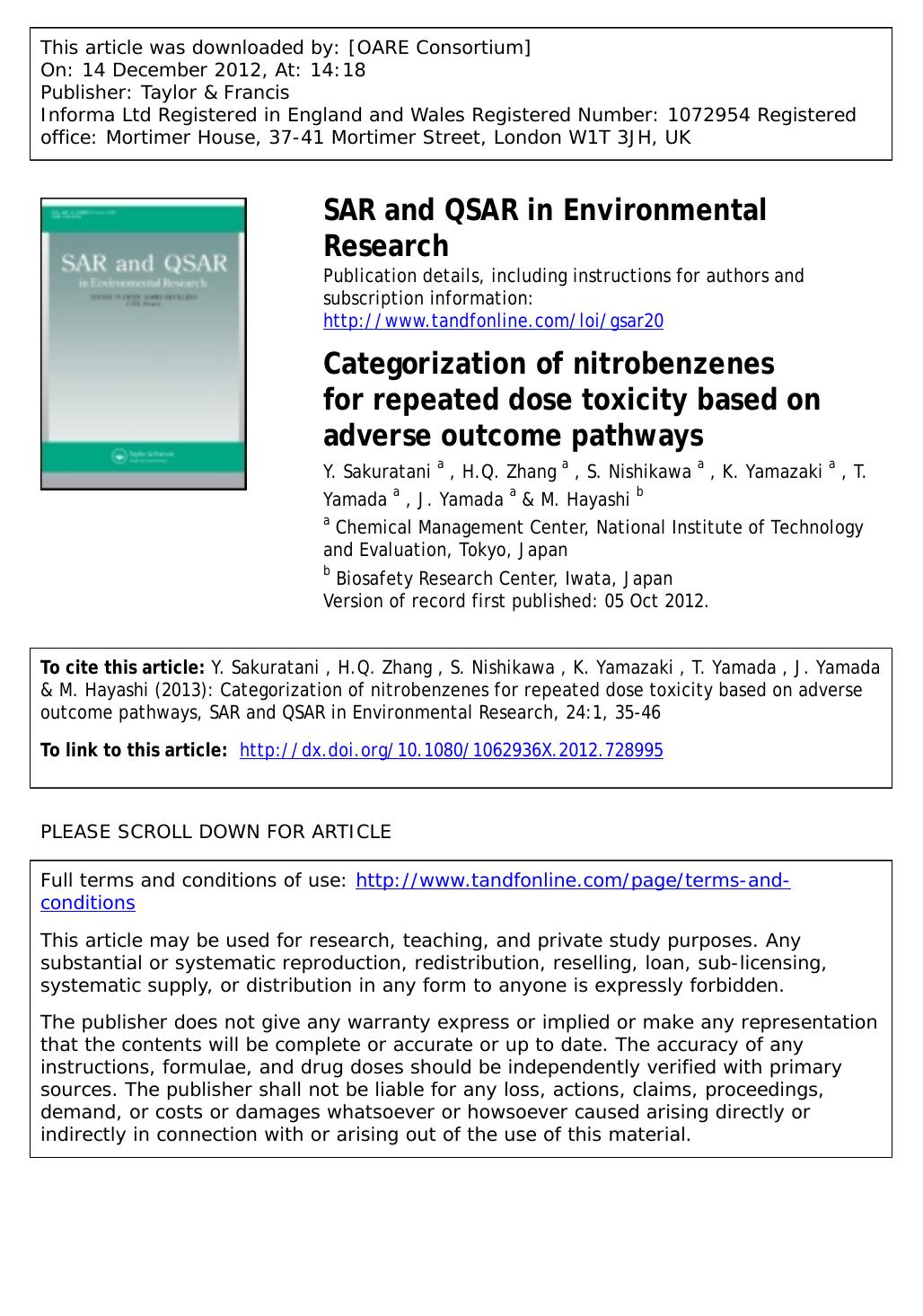 Categorization of nitrobenzenes for repeated dose toxicity based on adverse outcome pathways by Y. Sakuratani H.Q. Zhang S. Nishikawa K. Yamazaki T. Yamada J. Yamada & M. Hayashi