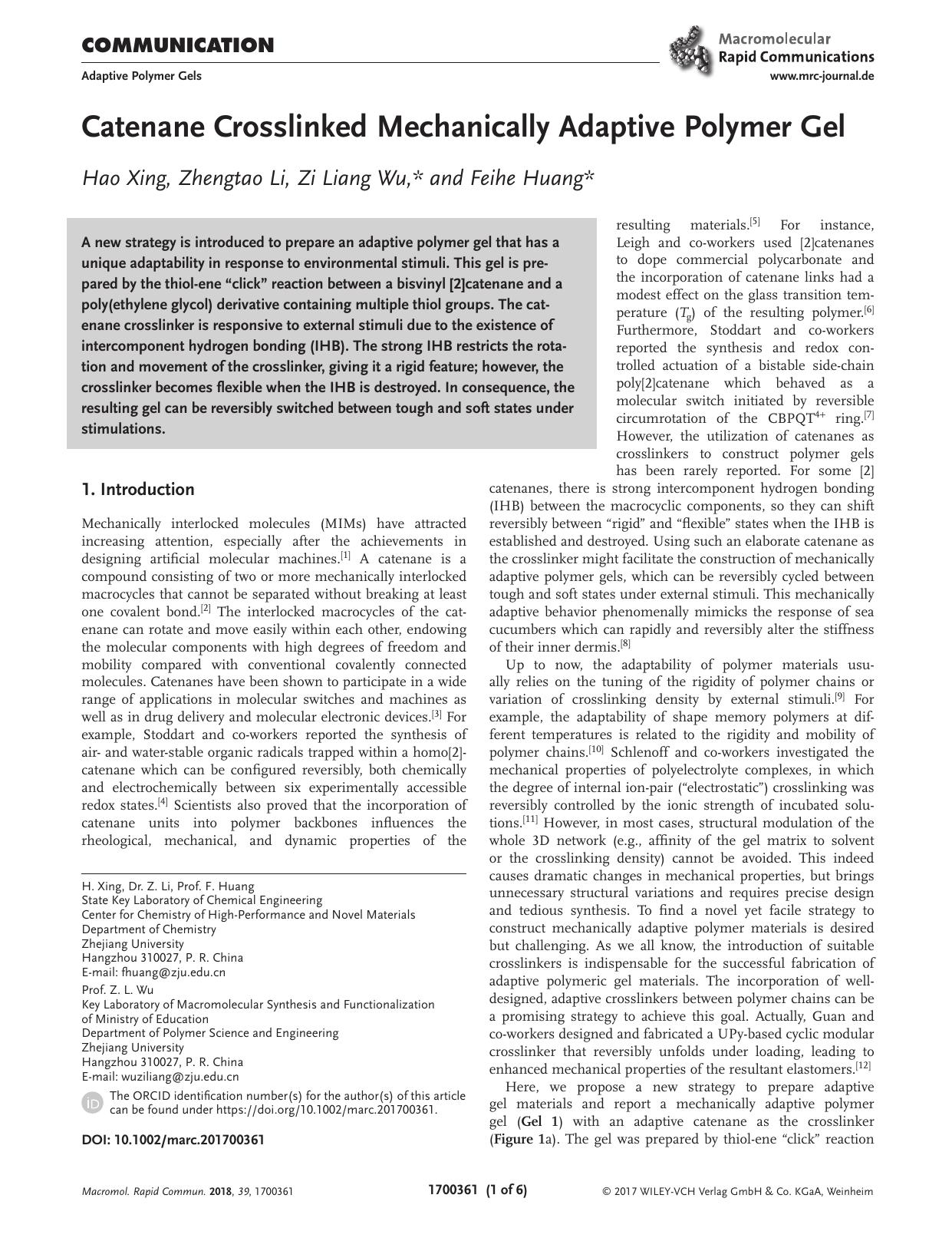 Catenane Crosslinked Mechanically Adaptive Polymer Gel by Unknown