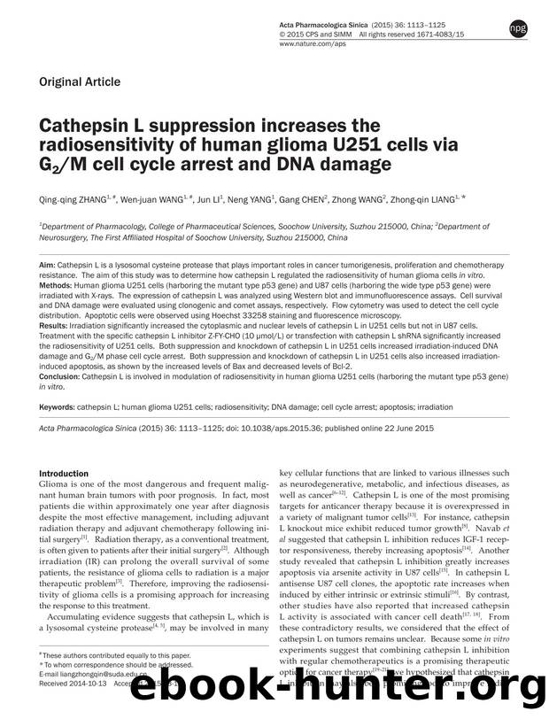 Cathepsin L suppression increases the radiosensitivity of human glioma U251 cells via G2M cell cycle arrest and DNA damage by Qing-qing Zhang & Wen-juan Wang & Jun Li & Neng Yang & Gang Chen & Zhong Wang & Zhong-qin Liang