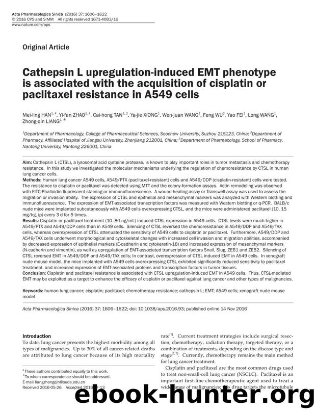 Cathepsin L upregulation-induced EMT phenotype is associated with the acquisition of cisplatin or paclitaxel resistance in A549 cells by unknow