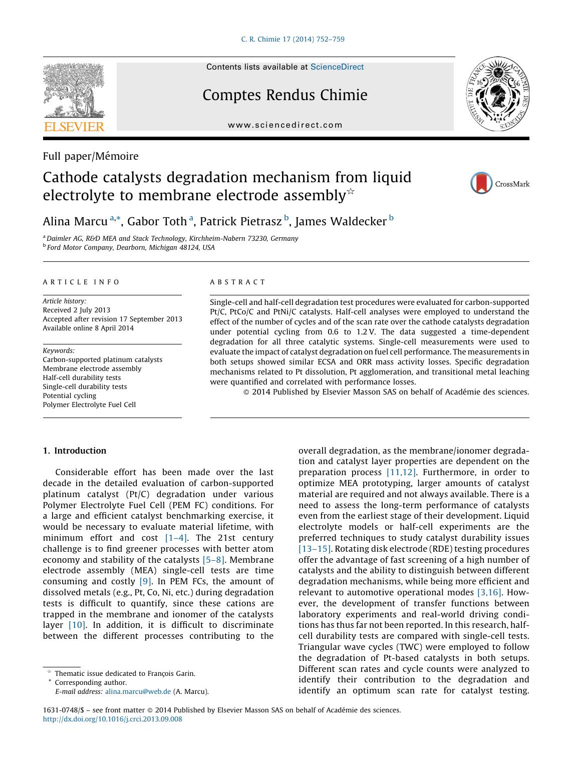 Cathode catalysts degradation mechanism from liquid electrolyte to membrane electrode assembly by Alina Marcu & Gabor Toth & Patrick Pietrasz & James Waldecker