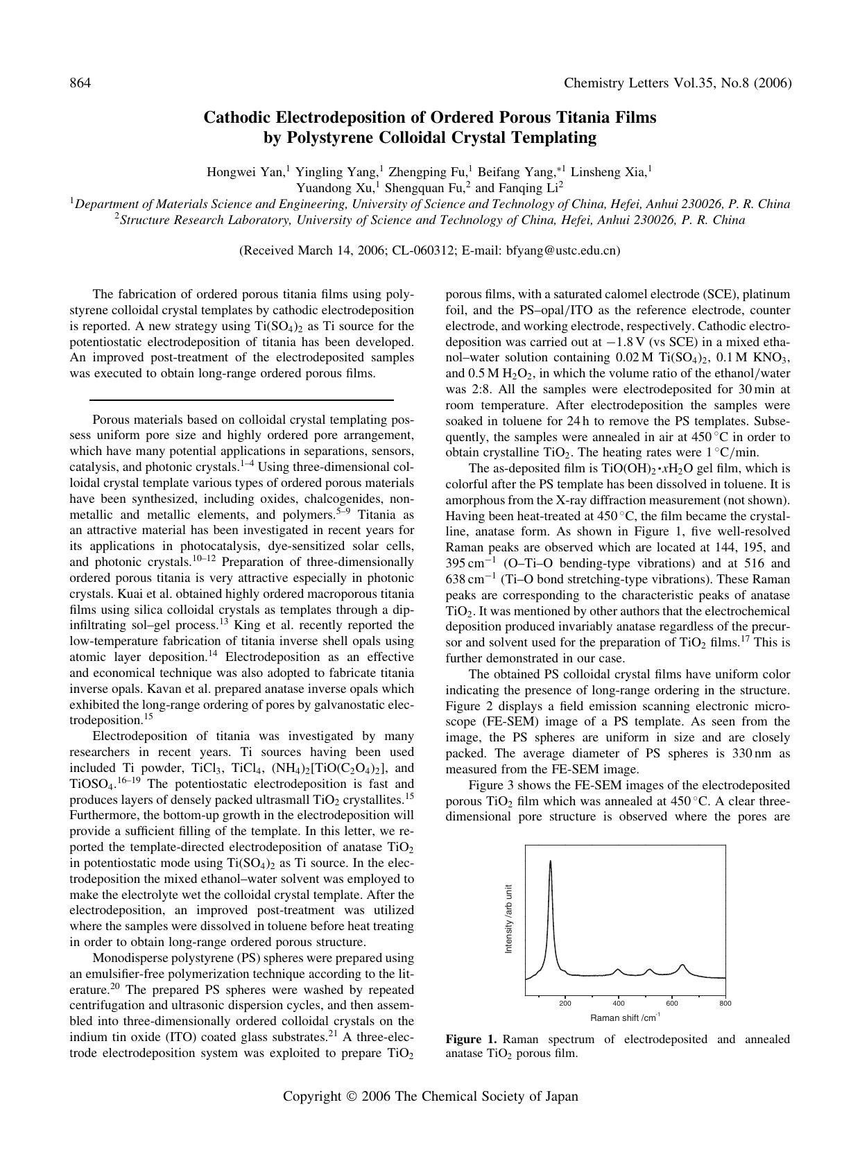 Cathodic Electrodeposition of Ordered Porous Titania Films by Polystyrene Colloidal Crystal Templating by unknow