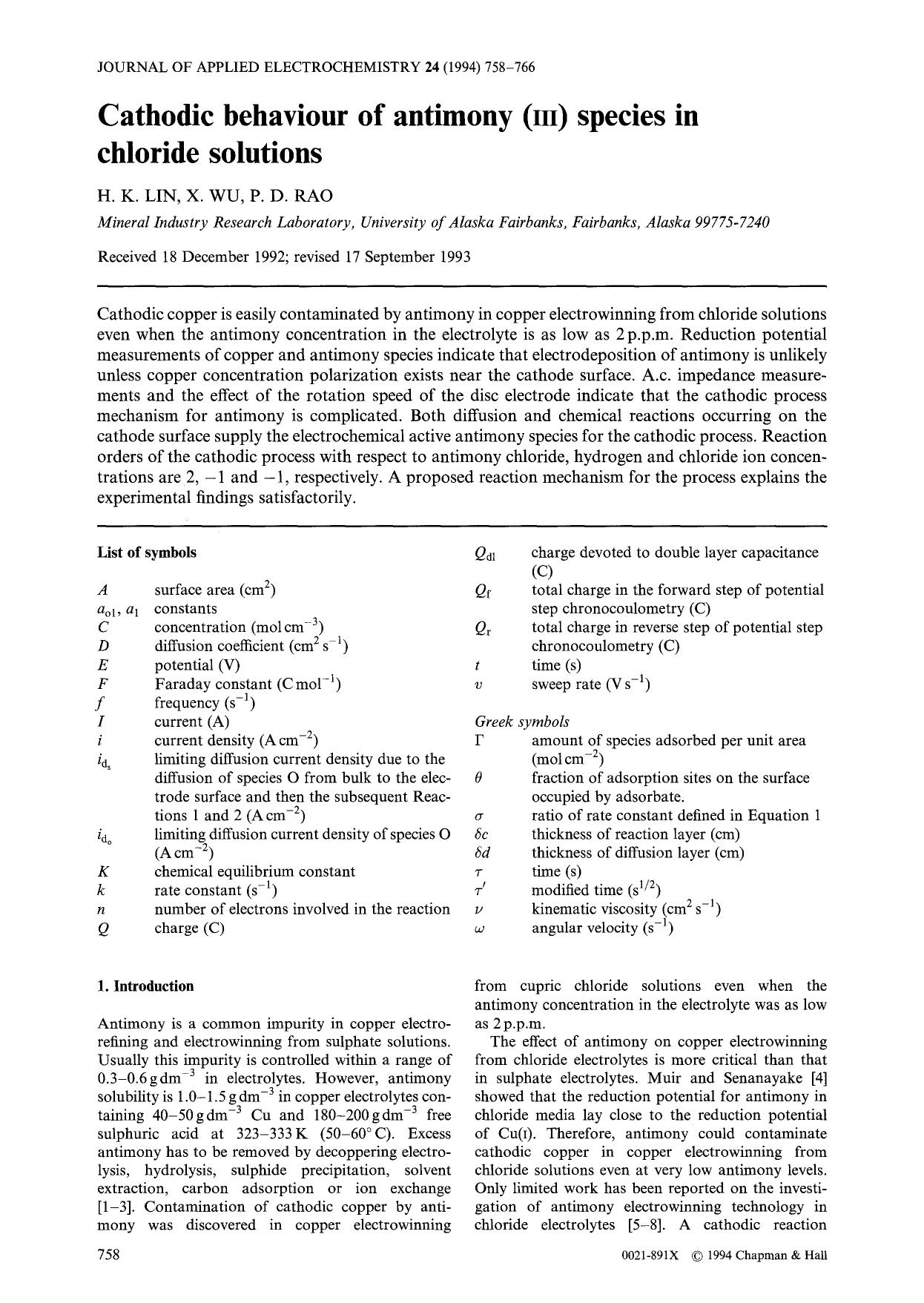Cathodic behaviour of antimony (III) species in chloride solutions by Unknown