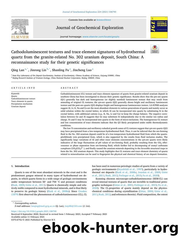 Cathodoluminescent textures and trace element signatures of hydrothermal quartz from the granite-related No. 302 uranium deposit, South China: A reconnaissance study for their genetic significances by Qing Lan & Jinrong Lin & Shanling Fu & Jincheng Luo