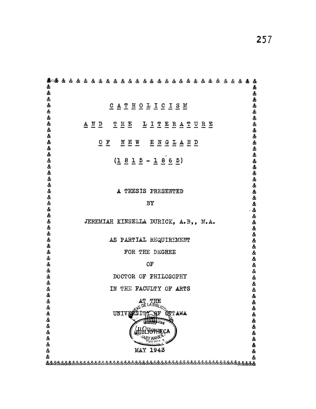 Catholicism and the literature of New England, 1815â1865 by Durick Jeremiah Kinsella