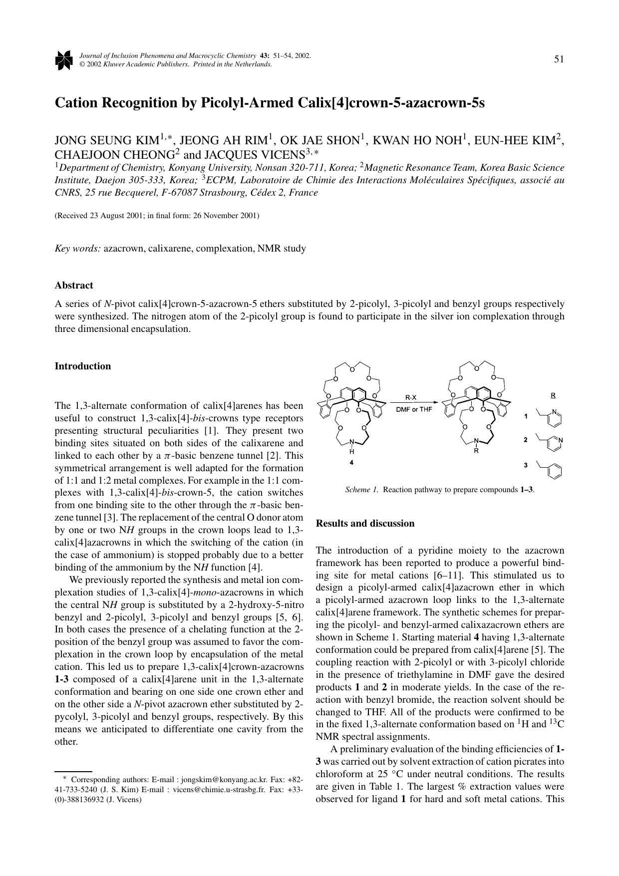 Cation Recognition by Picolyl-Armed Calix[4]crown-5-azacrown-5s by Unknown