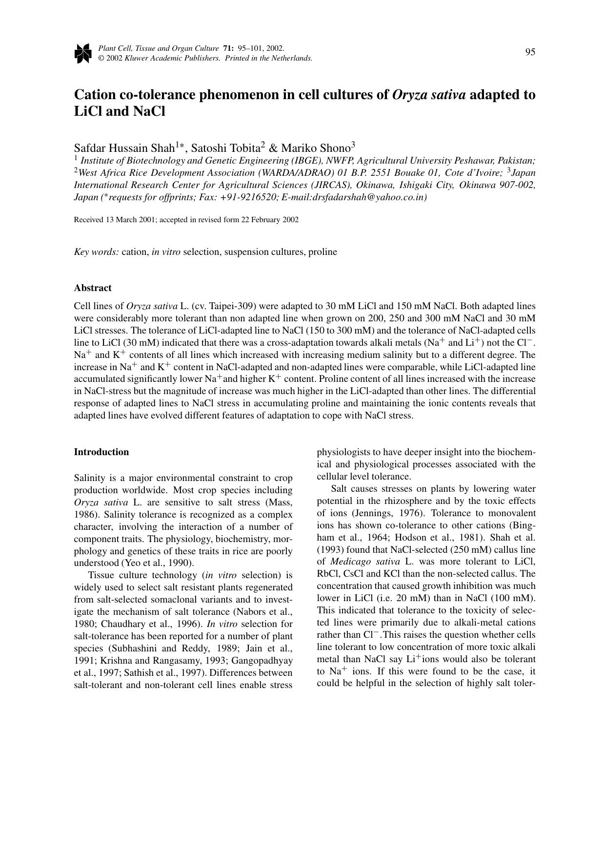 Cation co-tolerance phenomenon in cell cultures of <Emphasis Type="Italic">Oryza sativa<Emphasis> adapted to LiCl and NaCl by Unknown