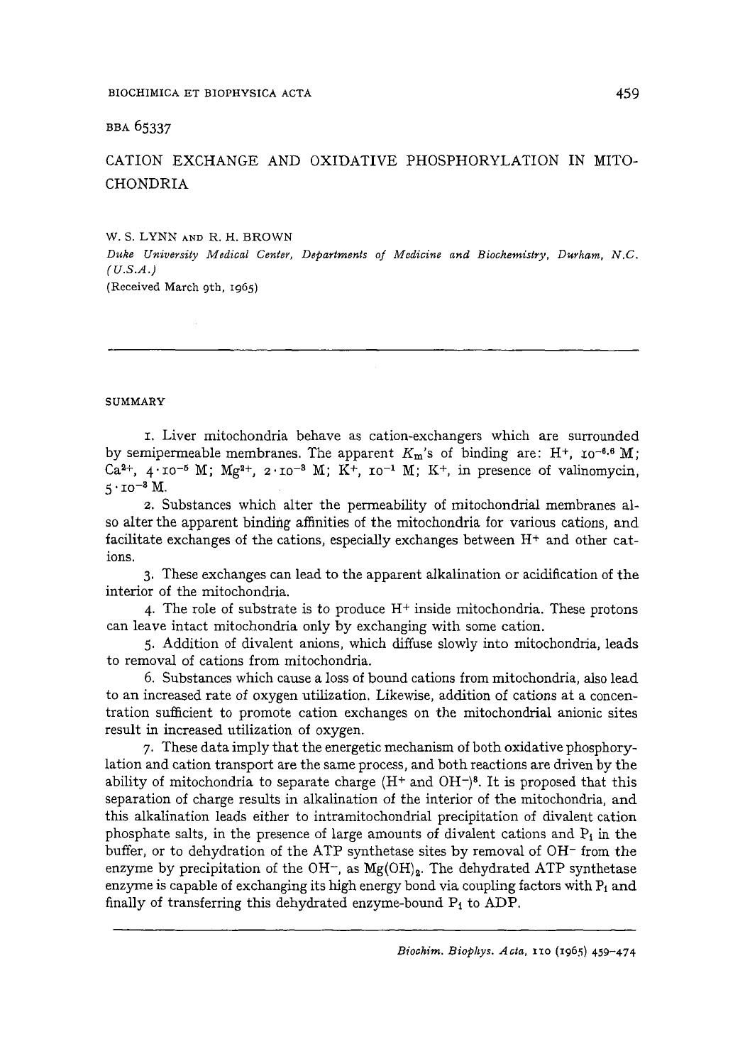 Cation exchange and oxidative phosphorylation in mitochondria by W.S. Lynn; R.H. Brown