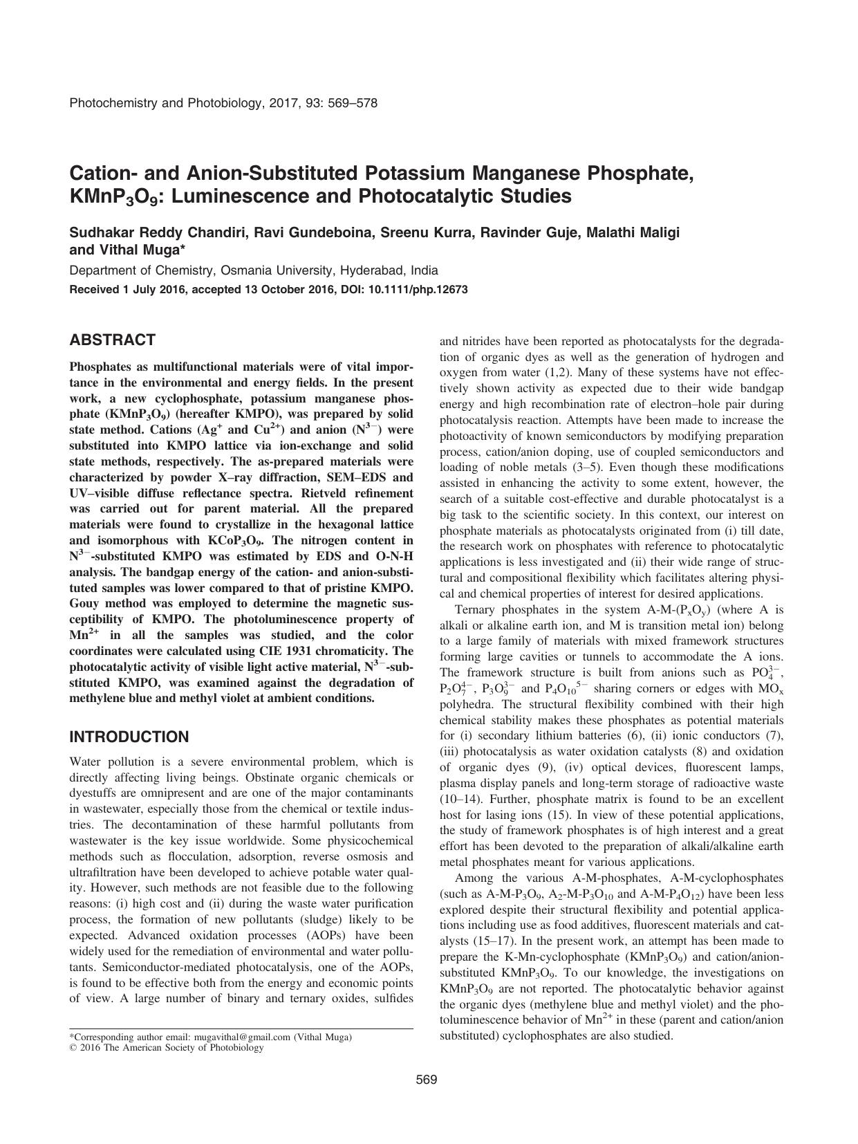 Cationâ and AnionâSubstituted Potassium Manganese Phosphate, KMnP3O9: Luminescence and Photocatalytic Studies by Unknown