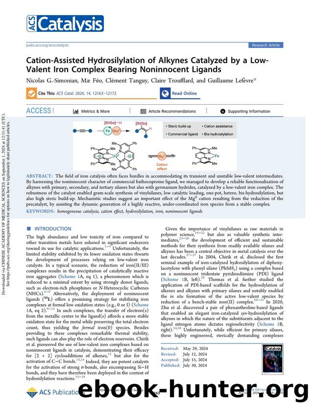 Cation-Assisted Hydrosilylation of Alkynes Catalyzed by a Low-Valent Iron Complex Bearing Noninnocent Ligands by Nicolas G.-Simonian Mæ Féo Clément Tanguy Claire Troufflard & Guillaume Lefèvre