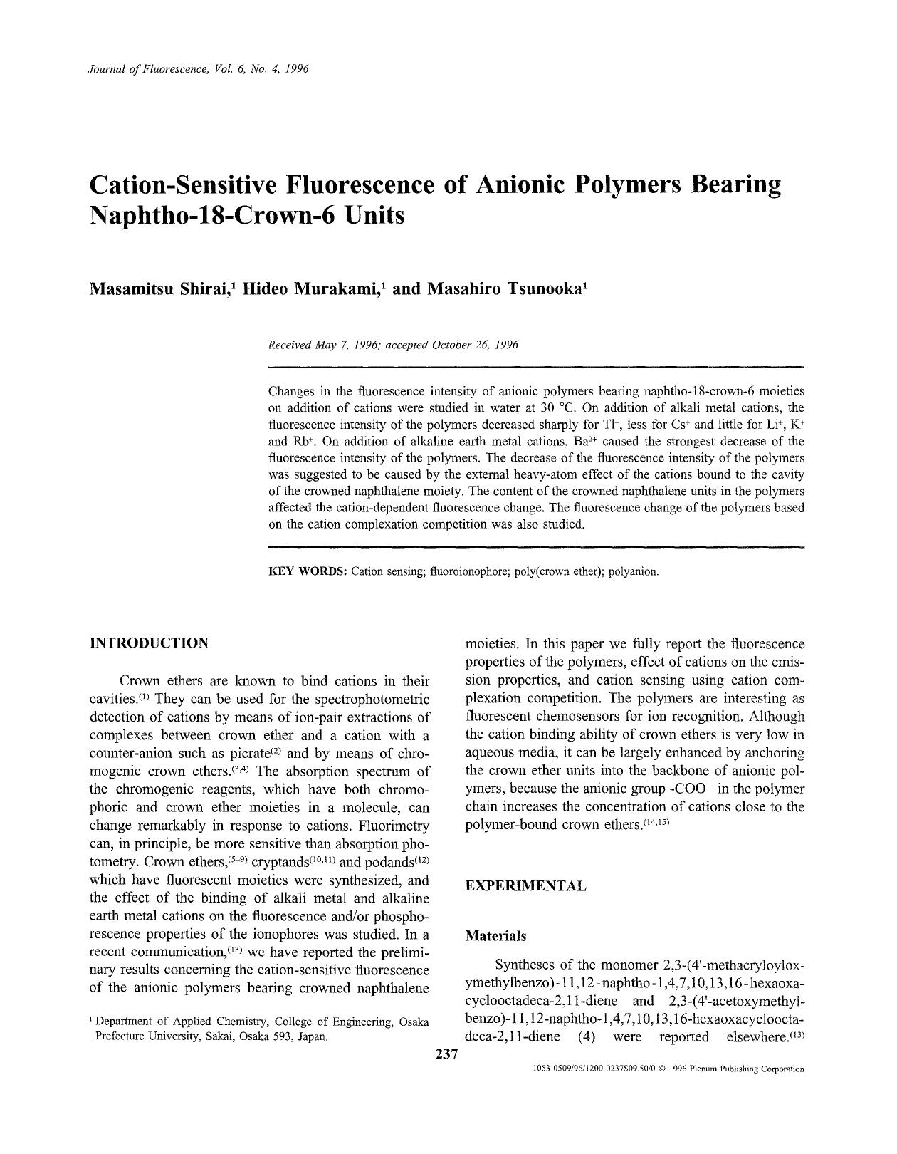 Cation-sensitive fluorescence of anionic polymers bearing naphtho-18-crown-6 units by Unknown