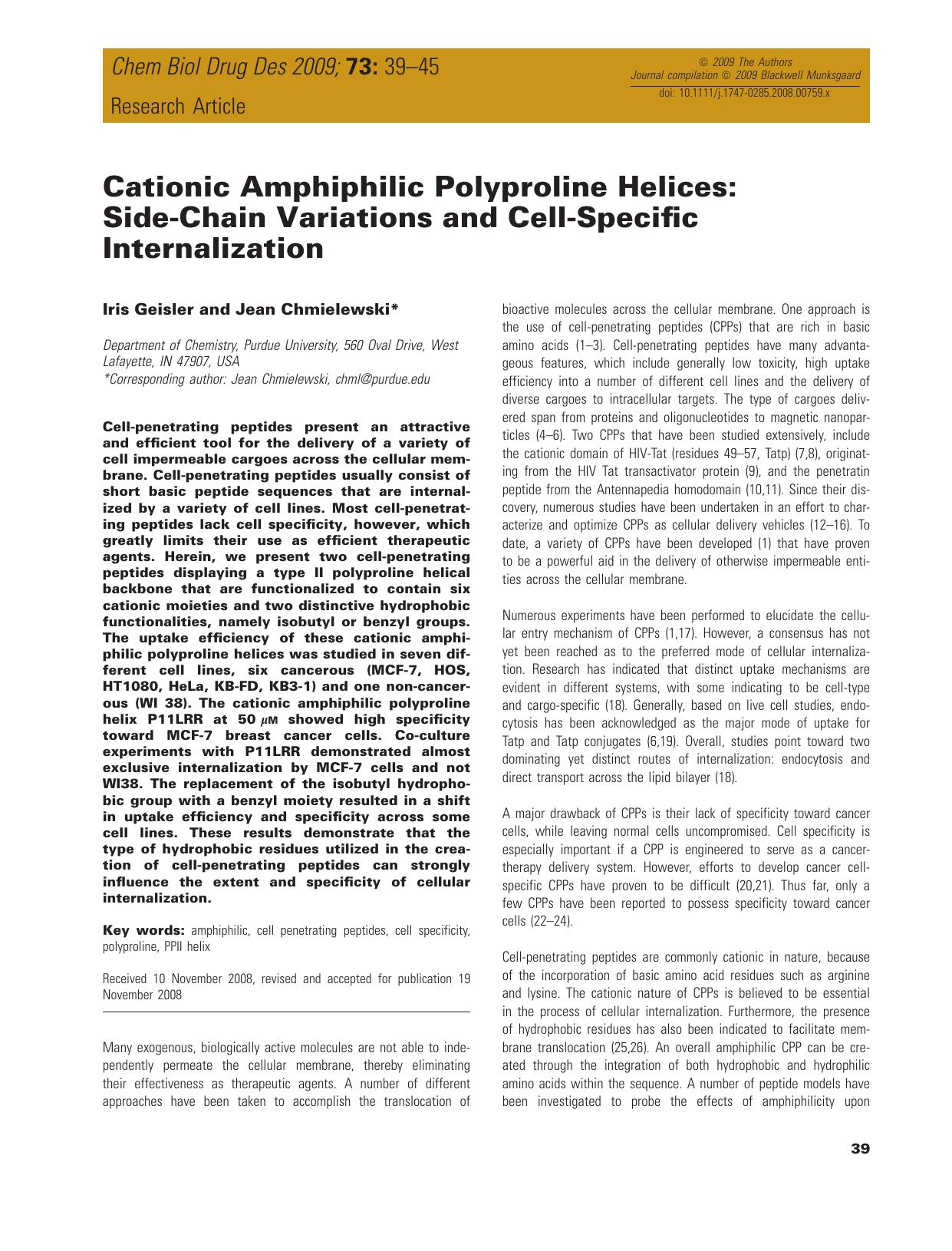 Cationic Amphiphilic Polyproline Helices: Side-Chain Variations and Cell-Specific Internalization by unknow