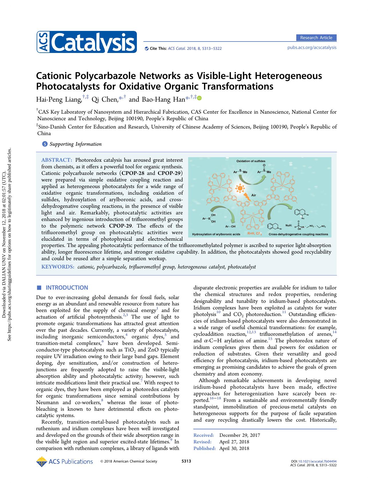 Cationic Polycarbazole Networks as Visible-Light Heterogeneous Photocatalysts for Oxidative Organic Transformations by Hai-Peng Liang & Qi Chen & Bao-Hang Han