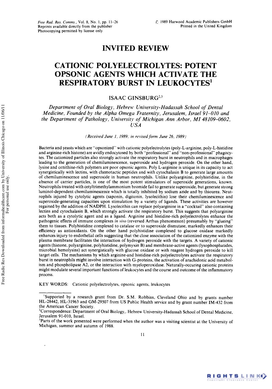 Cationic Polyelectrolytes: Potent Opsonic Agents which Activate the Respiratory Burst in Leukocytes by Isaac Ginsburg1 2