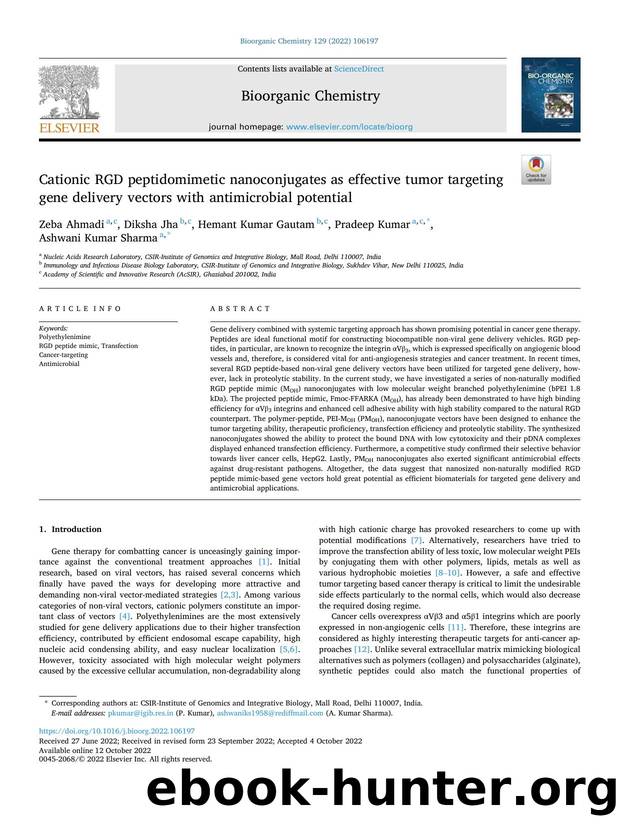 Cationic RGD peptidomimetic nanoconjugates as effective tumor targeting gene delivery vectors with antimicrobial potential by Zeba Ahmadi & Diksha Jha & Hemant Kumar Gautam & Pradeep Kumar & Ashwani Kumar Sharma