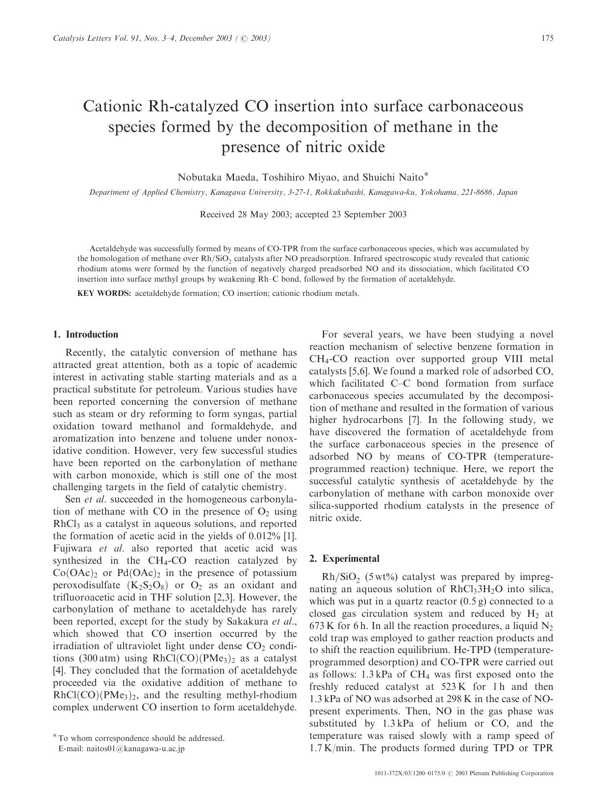 Cationic Rh-Catalyzed CO Insertion into Surface Carbonaceous Species Formed by the Decomposition of Methane in the Presence of Nitric Oxide by Unknown