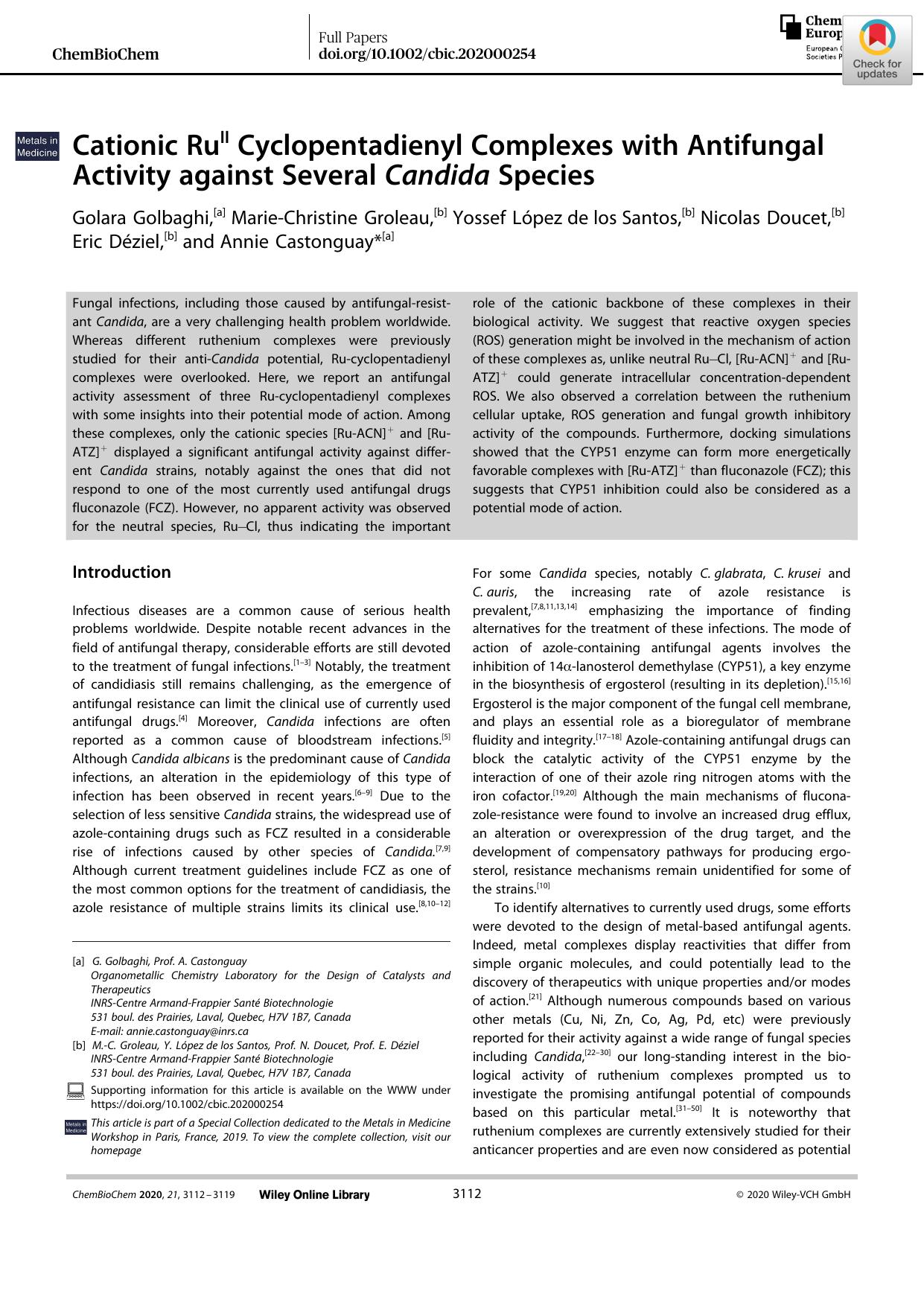 Cationic RuII Cyclopentadienyl Complexes with Antifungal Activity against Several Candida Species by Unknown