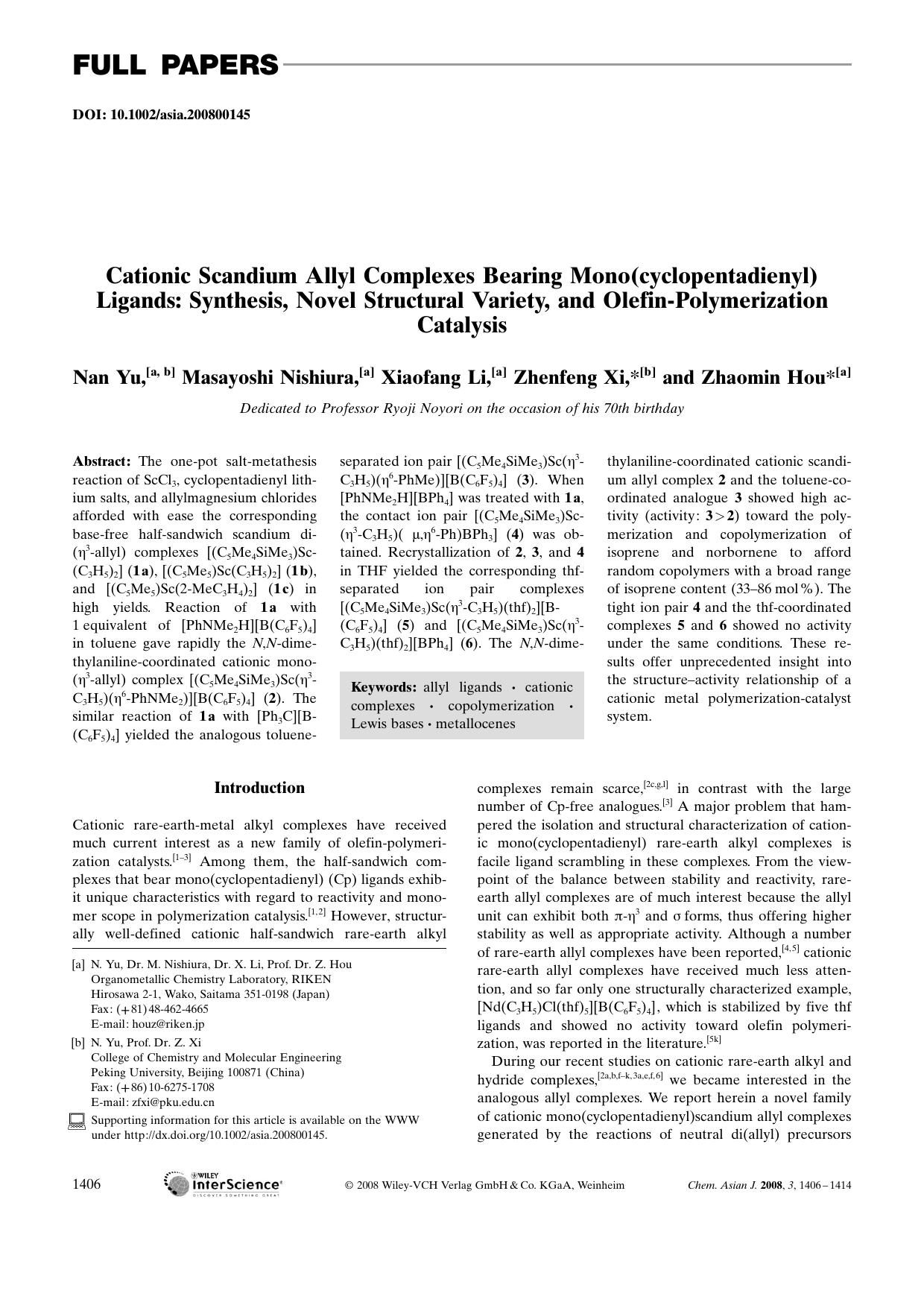 Cationic Scandium Allyl Complexes Bearing Mono(cyclopentadienyl) Ligands: Synthesis, Novel Structural Variety, and Olefin-Polymerization Catalysis by Unknown