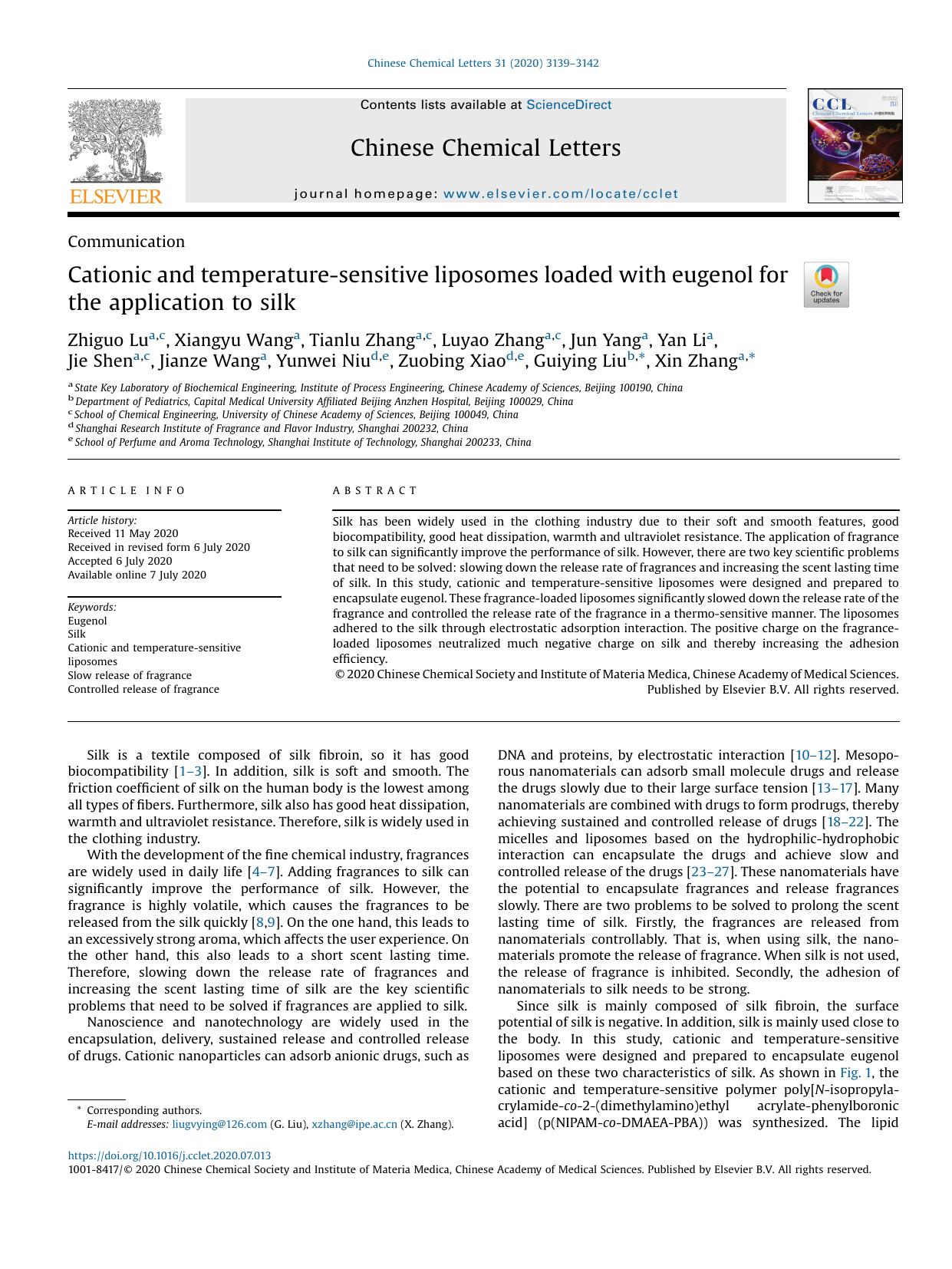 Cationic and temperature-sensitive liposomes loaded with eugenol for the application to silk by unknow