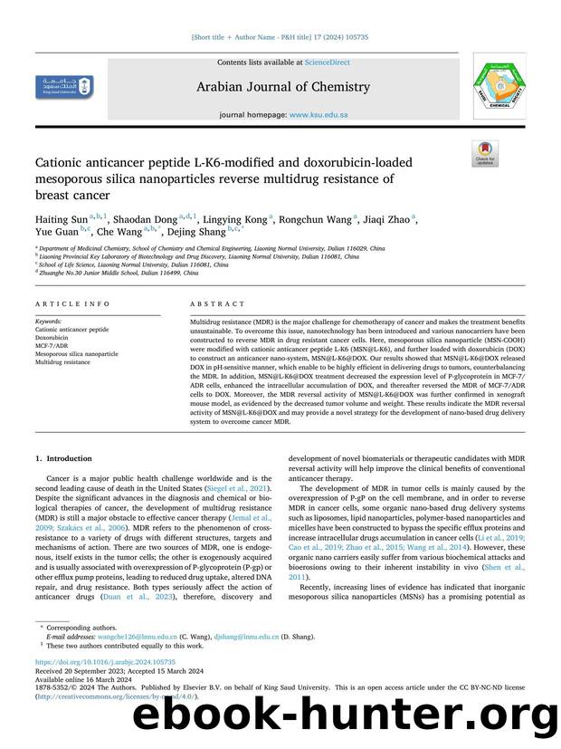 Cationic anticancer peptide L-K6-modified and doxorubicin-loaded mesoporous silica nanoparticles reverse multidrug resistance of breast cancer by unknow