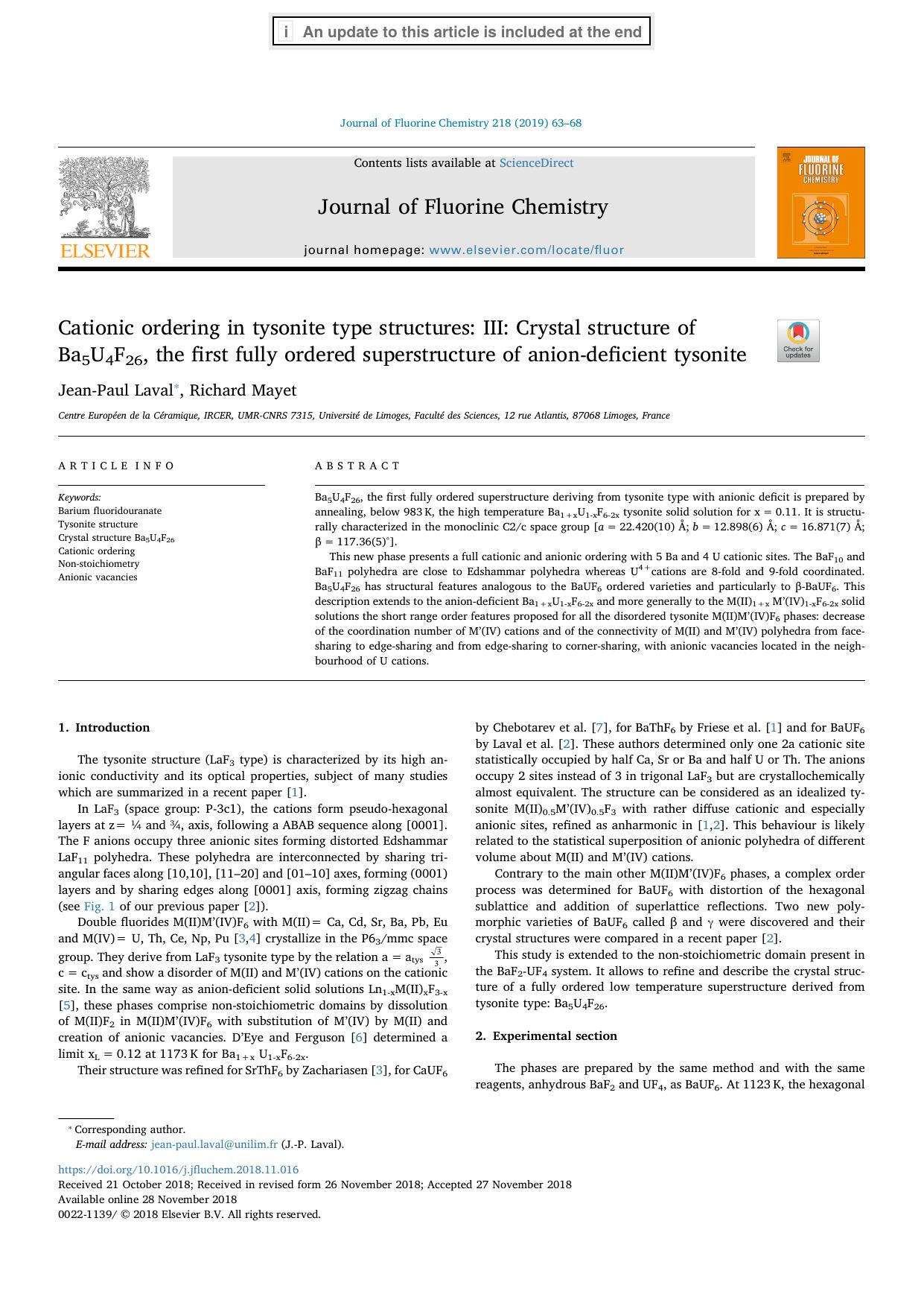 Cationic ordering in tysonite type structures_ III_ Crystal structure of Ba5U4F26, the first fully ordered superstructure of anion-deficient tysonite by Jean-Paul Laval & Richard Mayet
