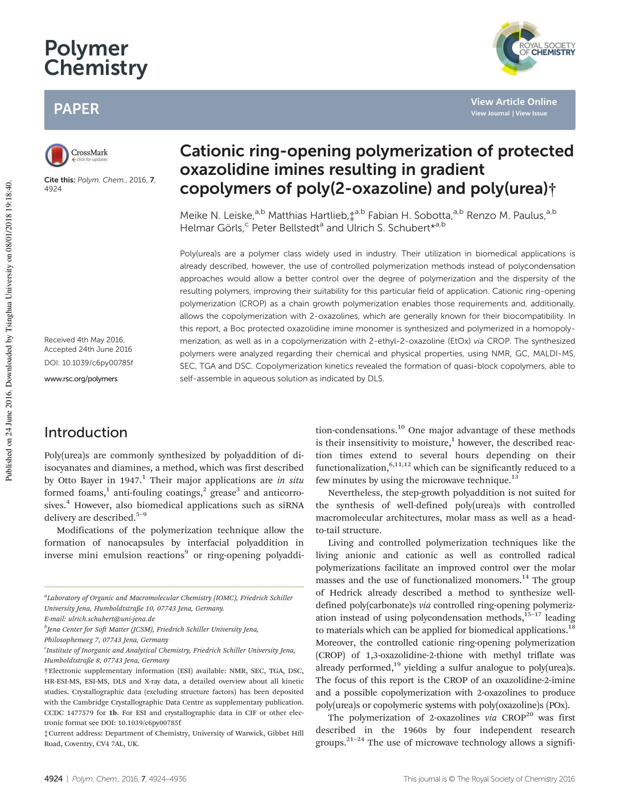 Cationic ring-opening polymerization of protected oxazolidine imines resulting in gradient copolymers of poly(2-oxazoline) and poly(urea) by unknow