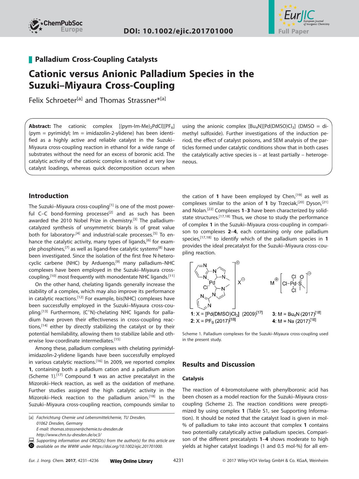 Cationic versus Anionic Palladium Species in the SuzukiâMiyaura CrossâCoupling by Unknown