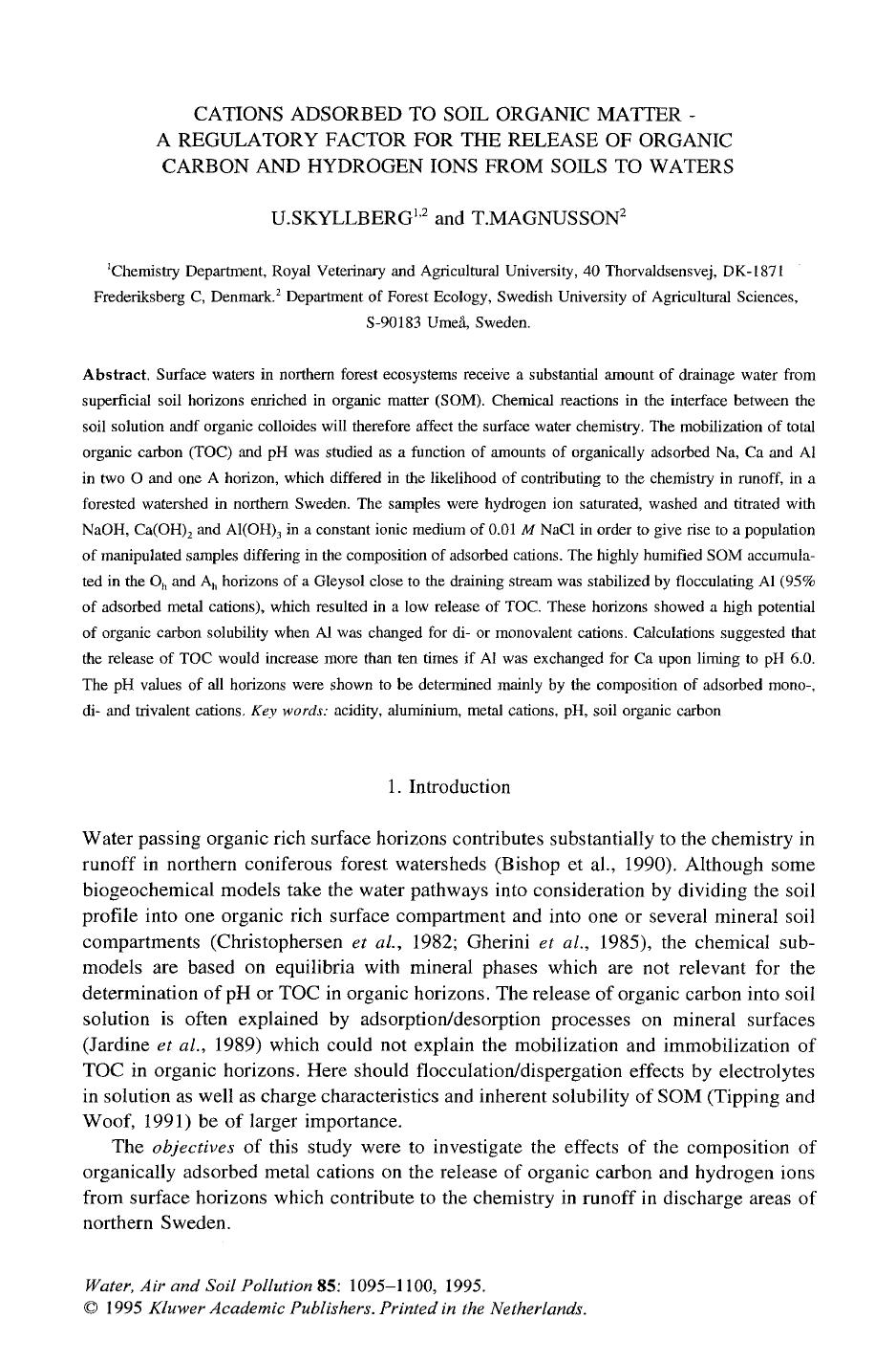 Cations adsorbed to soil organic matter — A regulatory factor for the release of organic carbon and hydrogen ions from soils to waters by Unknown