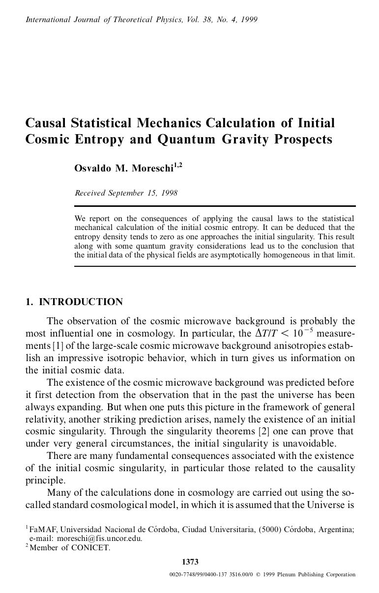 Causal Statistical Mechanics Calculation of Initial Cosmic Entropy and Quantum Gravity Prospects by Unknown
