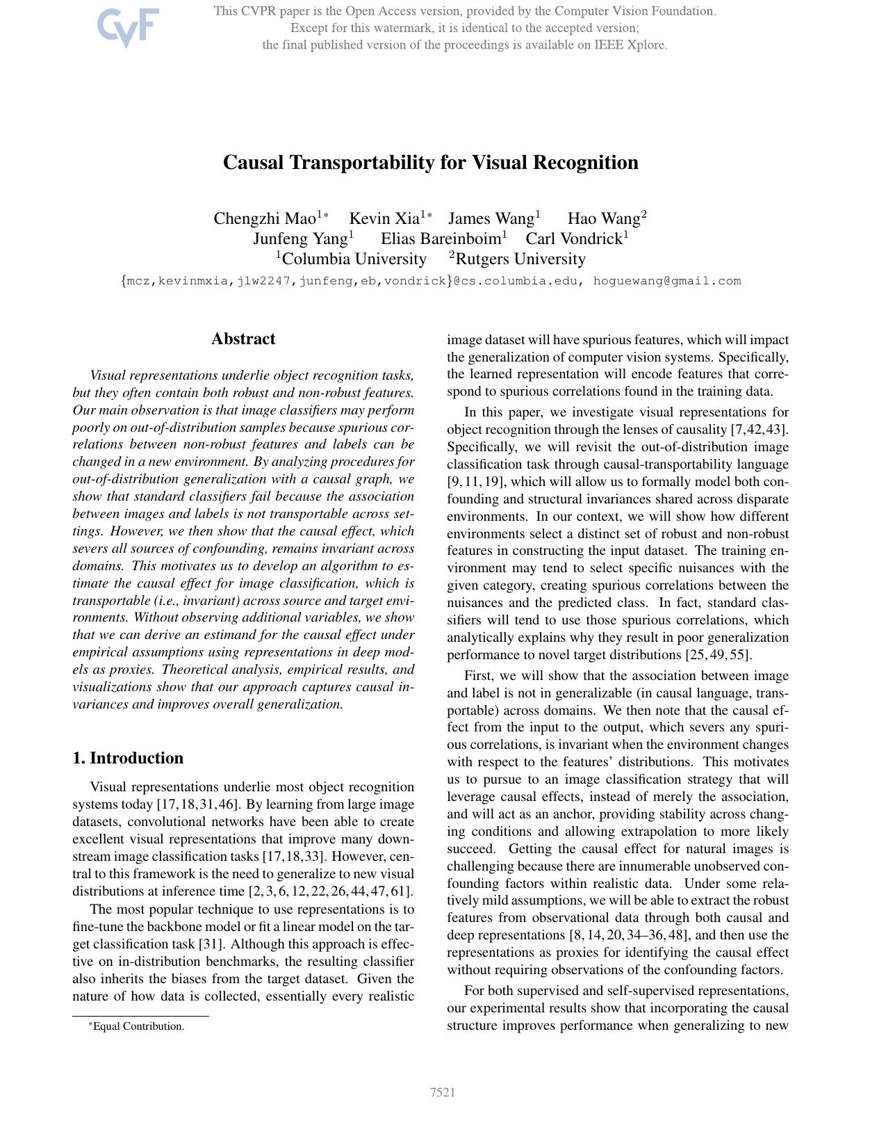 Causal Transportability for Visual Recognition by unknow