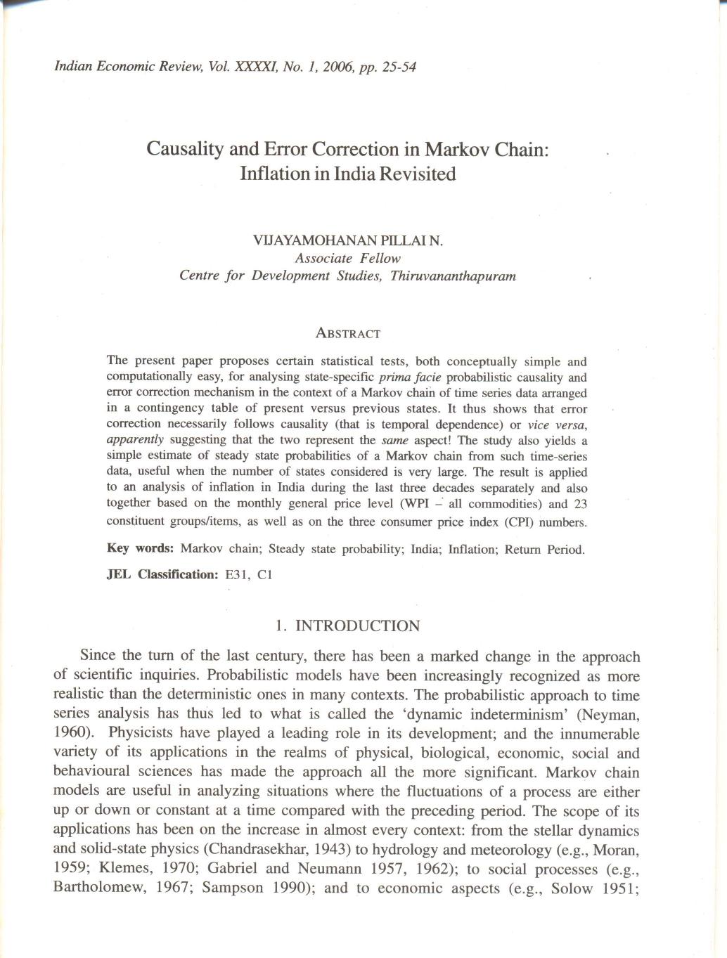 Causality and error correction in Markov Chain: Inflation in India Revisited by Vijayamohanan Pillai N
