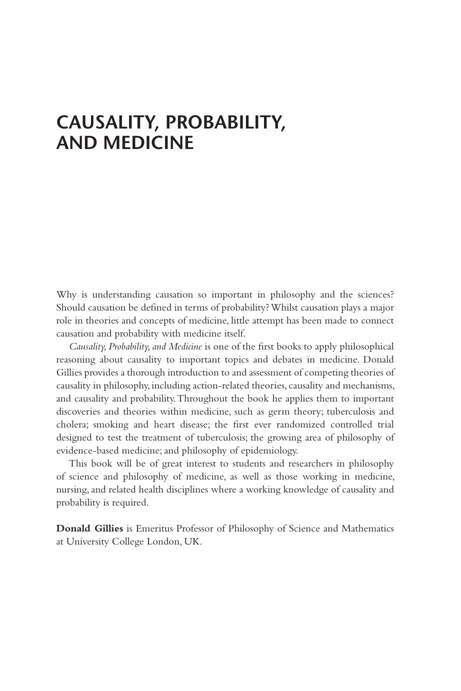 Causality, Probability, and Medicine by Donald A. Gillies